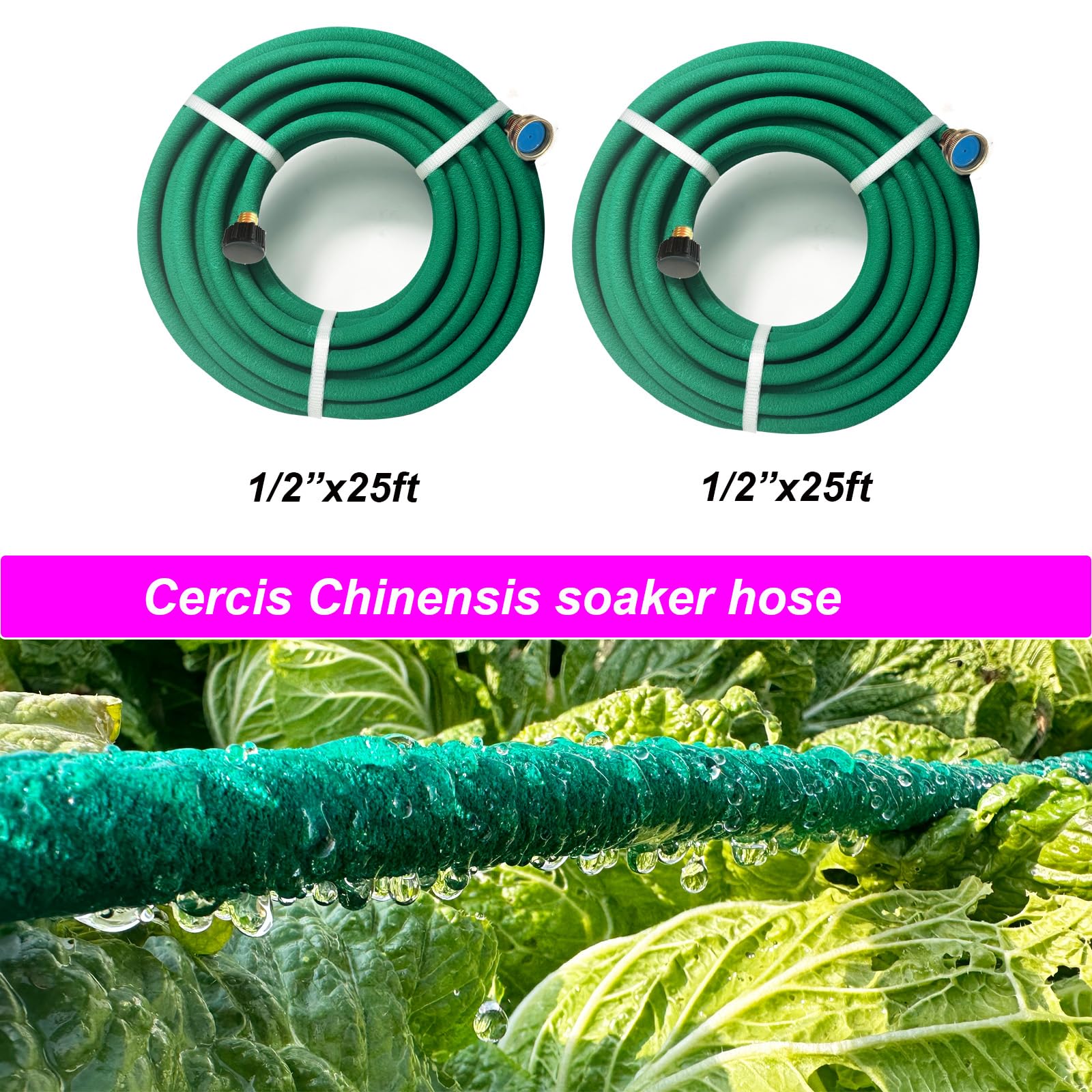 2 mangueras de remojo de 1/2 pulgadas x 25 pies con extremo de latón, manguera de goma verde que ahorra hasta un 70 %, manguera de remojo flexible duradera que riega para patio