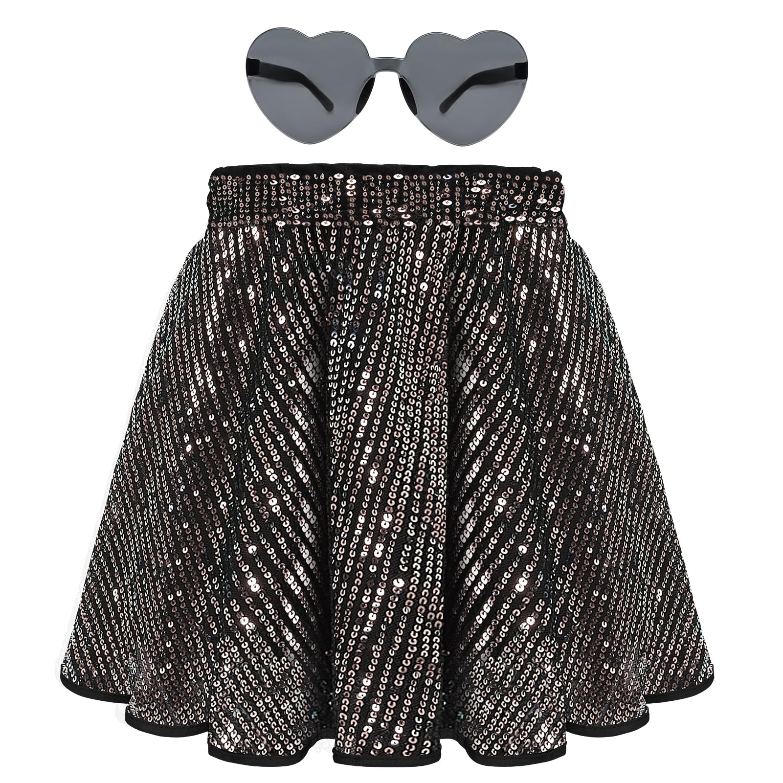 eccbox Girls Glitter Skirt Sparkle Sequin Shiny Pleated A-Line Mini Skort Party Dance Skirt with Glasses
