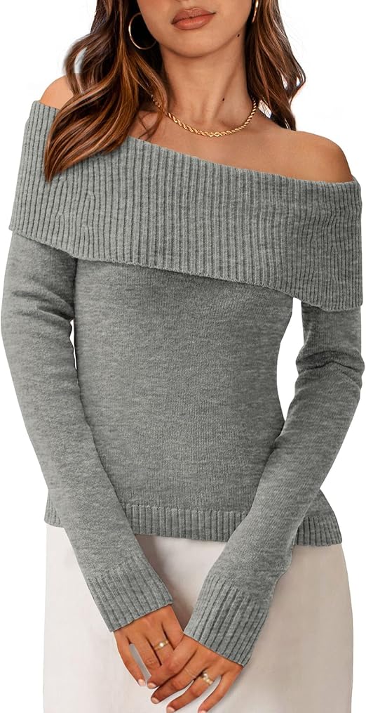 PRETTYGARDEN Off The Shoulder Sweater for Women 2025 Fall Fashion Cute Long Sleeve Tops Winter Ribbed Pullover Knit Outfits