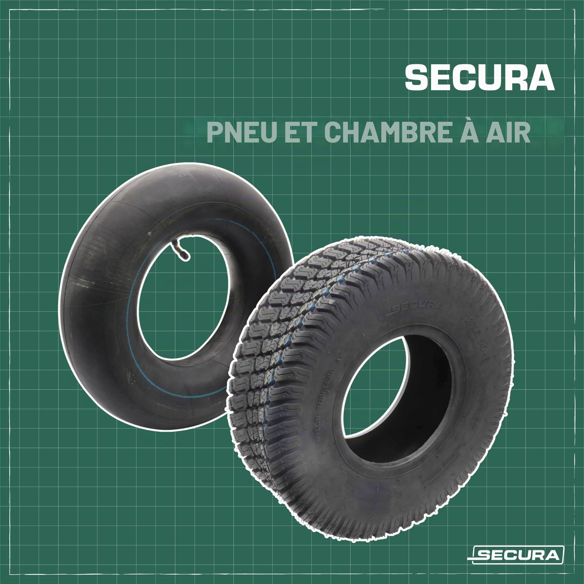 SECURA 2x Pneu + 2x Chambre à air 18x6.50-8 pour Tracteur de Pelouse Valve Droite TR13