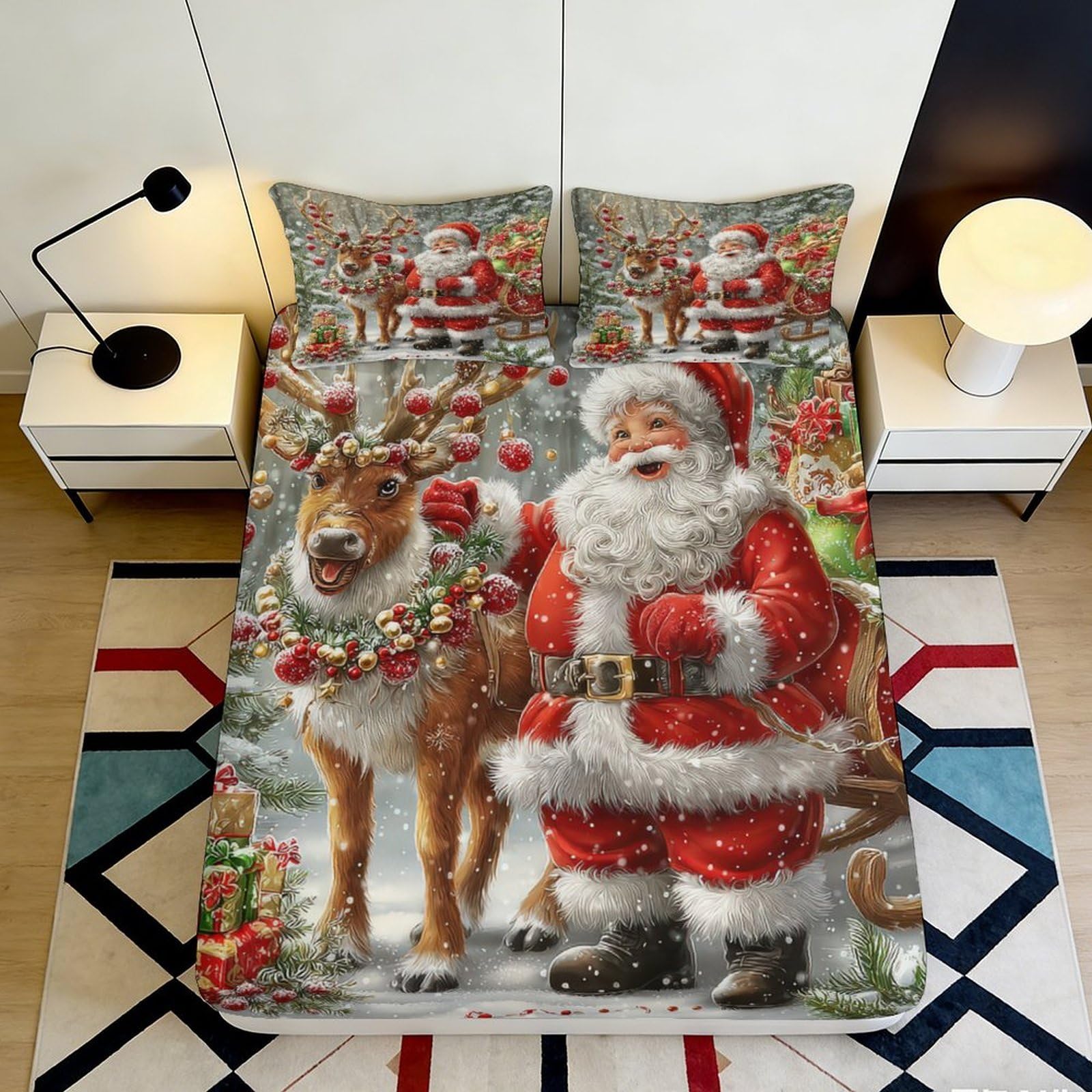 3D Printed Santa Reindeer Fitted Sheet Microfiber Red Christmas Bed Cover Non-slip for Bedroom Guestroom Easy Care 160x200x25cm