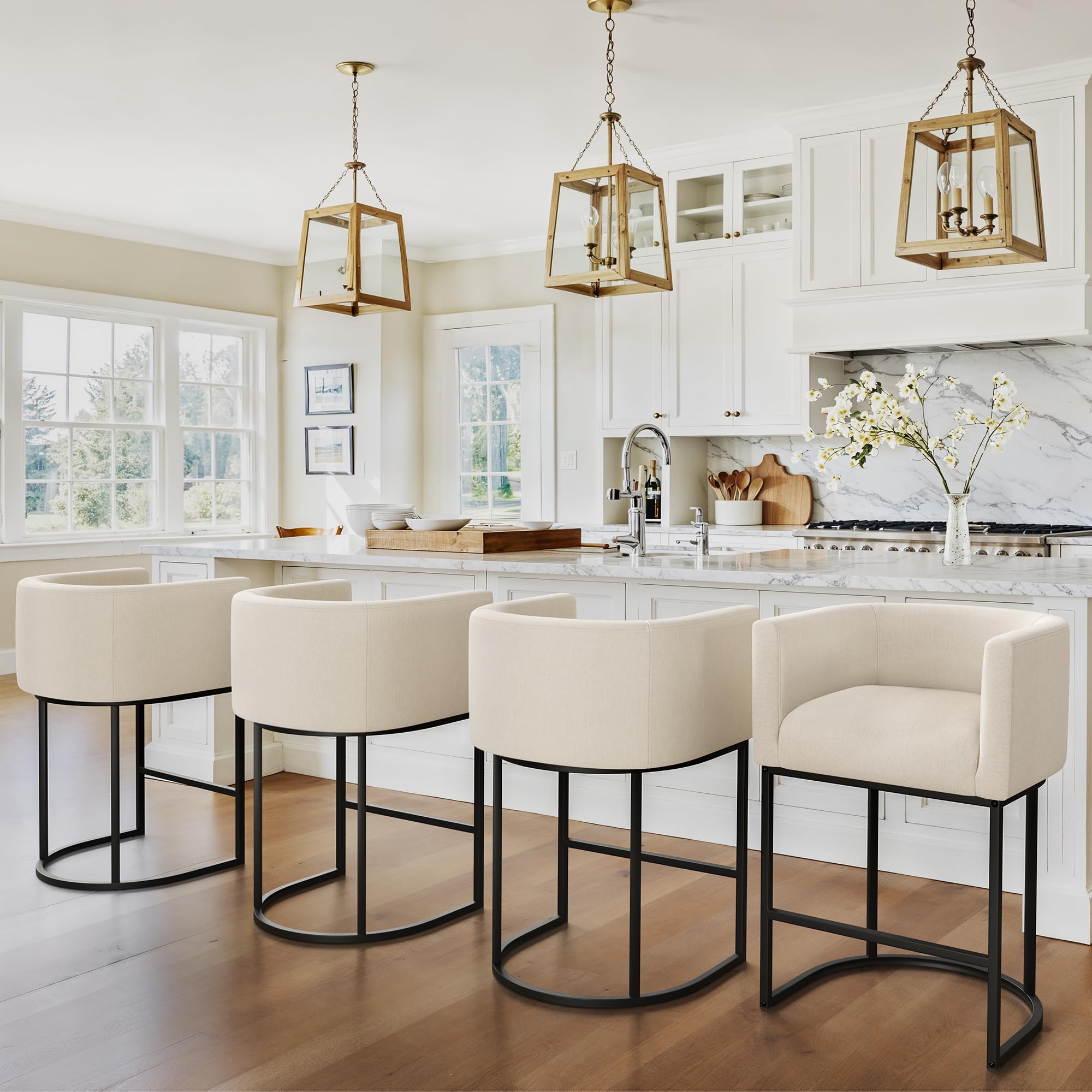 lue bona 2734 h counter height bar stools set of 3 modern barrel counter stools with backrest and arms black metal frames linen fabric upholstered accent barstools for kitchen island linen color