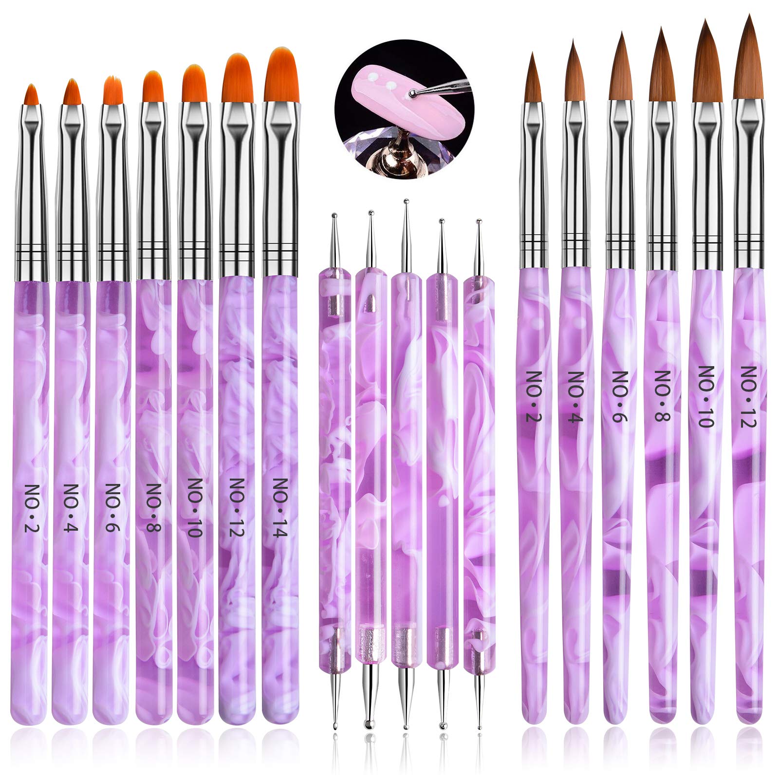 18 Pcs UV Gel Acrylic Nail Art Brush Set, Kalolary Nail Art Tips Builder Brush Nail Painting Brush Pen Nail Dotting Pen Poly Extension Gel Brush for Women Girls Professional Salon Home