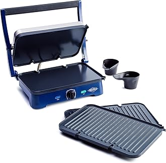 Blue Diamond Ceramic Nonstick, Electric Contact Sizzle Griddle with Grill and Waffle Plates, Open Flat Design, Dishwasher Safe Removable Plates, Adjustable Temperature Control, PFAS-Free, Blue