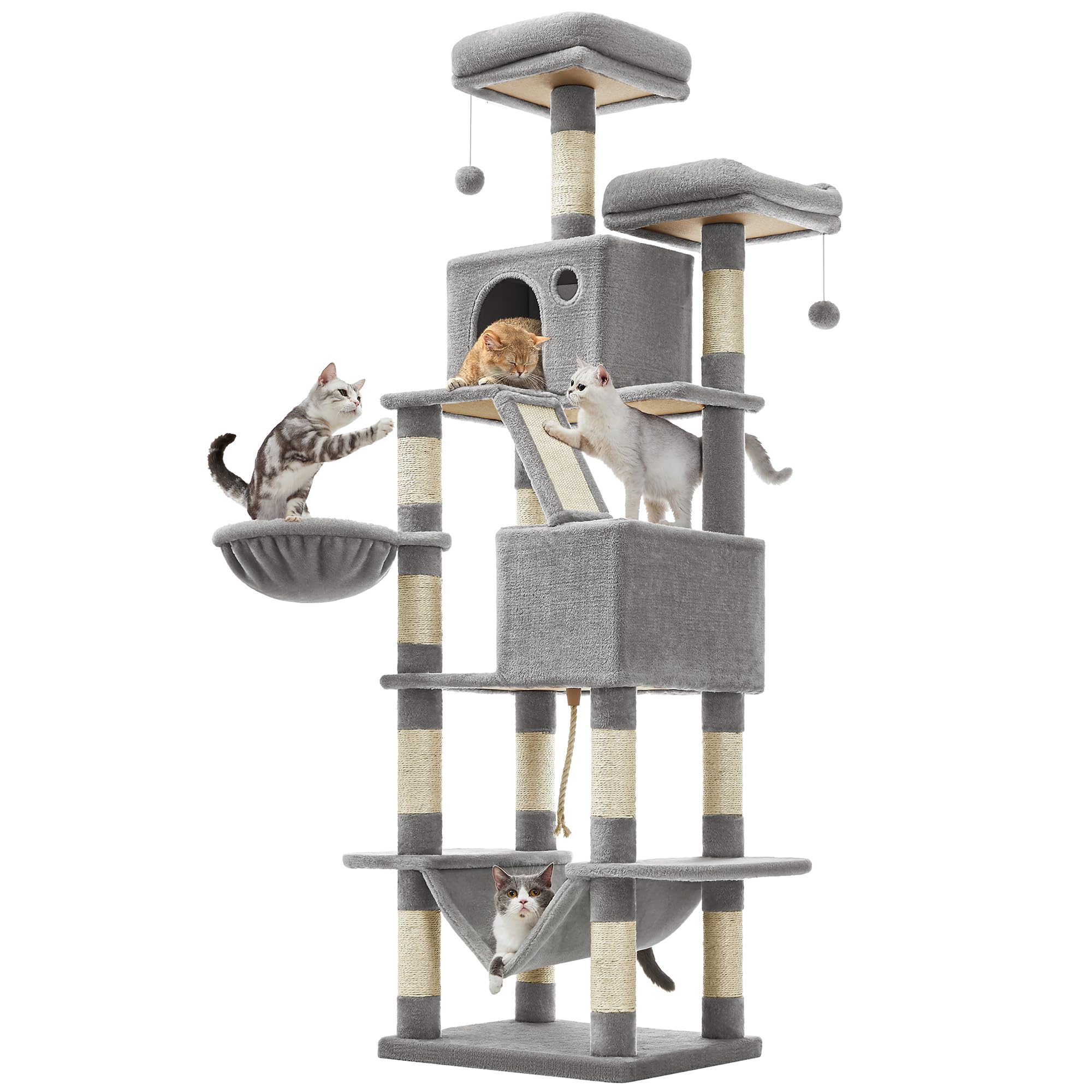 Feandrea Kratzbaum groß, 206 cm hoch, XXL Katzenbaum, mit 13 Kratzsäulen, 2 Plattformen, 2 Höhlen, Korb, Hängematte, Plüschbälle, mehrstöckiger Katzenkratzbaum, hellgrau PCT190W01