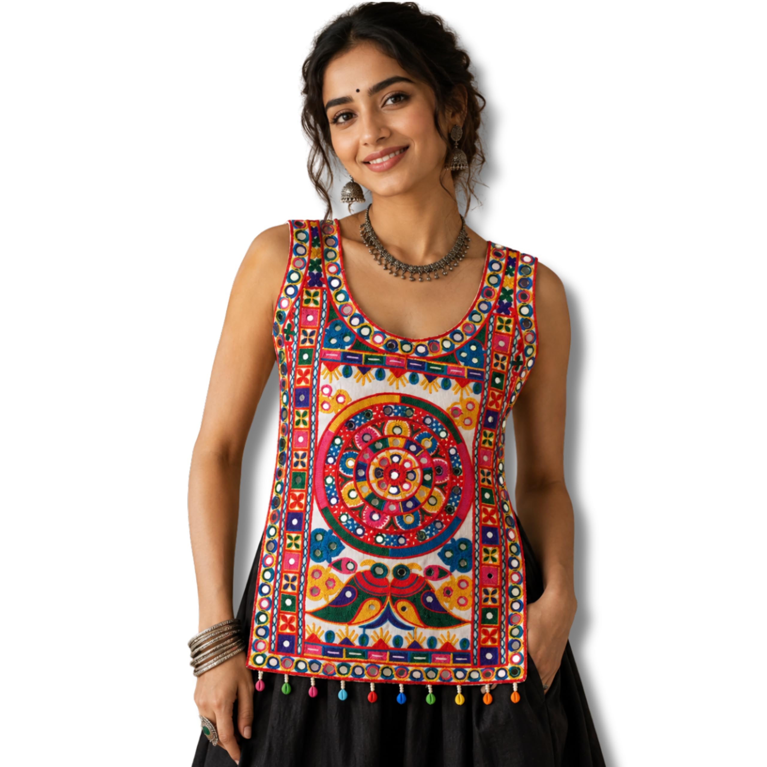 Women's Kutch Embroidered Mirror Work Sleeveless Ethnic Top | Handmade Gujarati Boho Festival Wear | Adjustable Lace-Up Back | Fits Up to 38 Inch Bust | Navratri Wear-picture-27