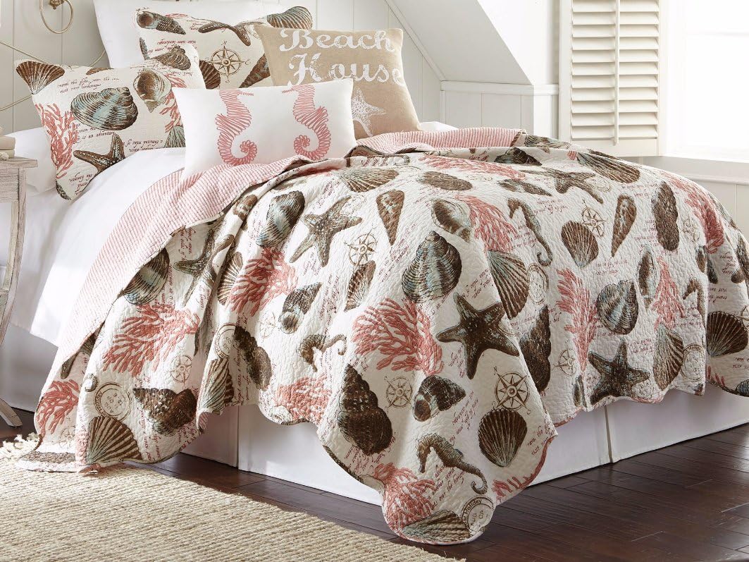 Tropical Coastal Starfish Seashell Coral 3pc King Size Quilt Set