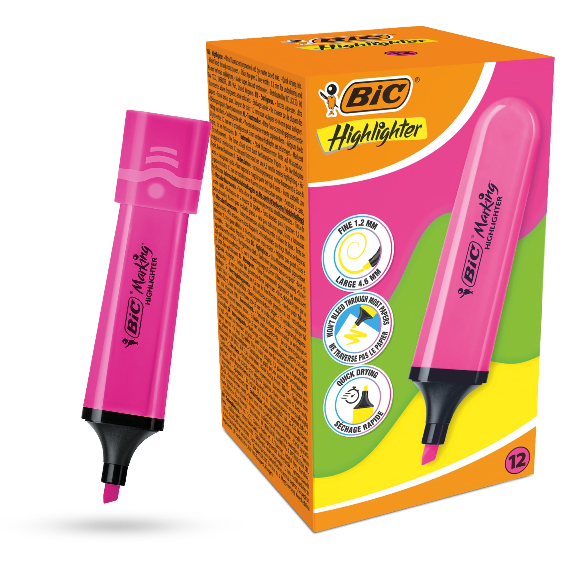BIC Marking Highlighter Flat Highlighter Marker Pack of 12 Plastic Highlighter Pen with Fluorescent Pink Neon Ink Highlighter Pens for Smooth Notes Precise Highlights Ideal for School and Office
