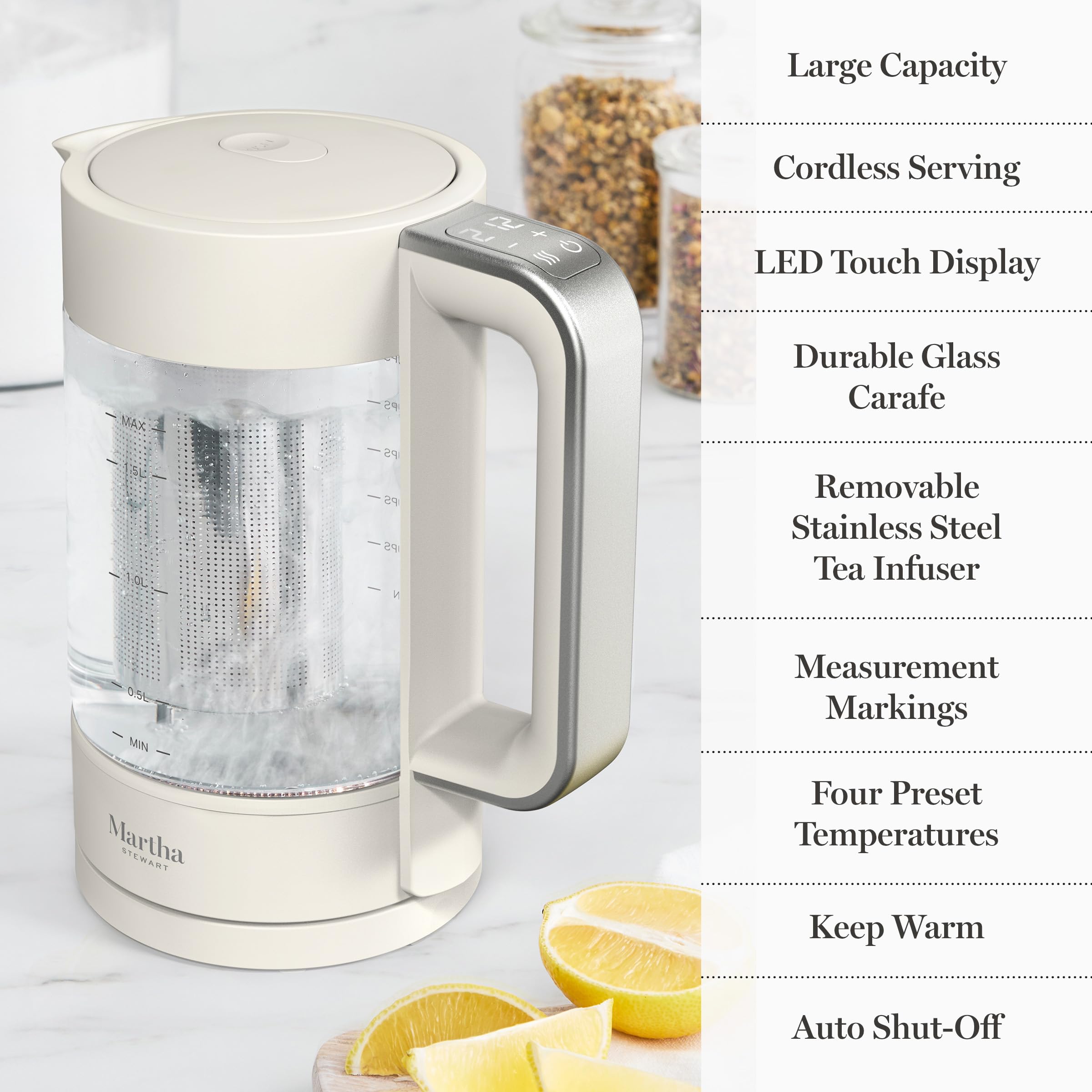Martha Stewart  Electric Kettle with Removable Stainless Steel Tea Infuser, Glass Carafe 1.7L (7 Cups), Hot Water Boiler, 4 Presets, Keep Warm & Auto Shut-Off, Cordless 360° Swivel Base, Linen White — view 10