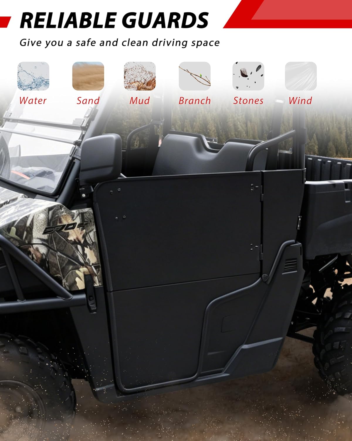 Aluminum Half Doors for Polaris Ranger Midsize 570 2015-2021/500 2017-2022 / ETX 2015-2016 / EV 2015-2022 Accessories, UTV Side Doors with Latch & Lock, Powder Coated Black, One Pair