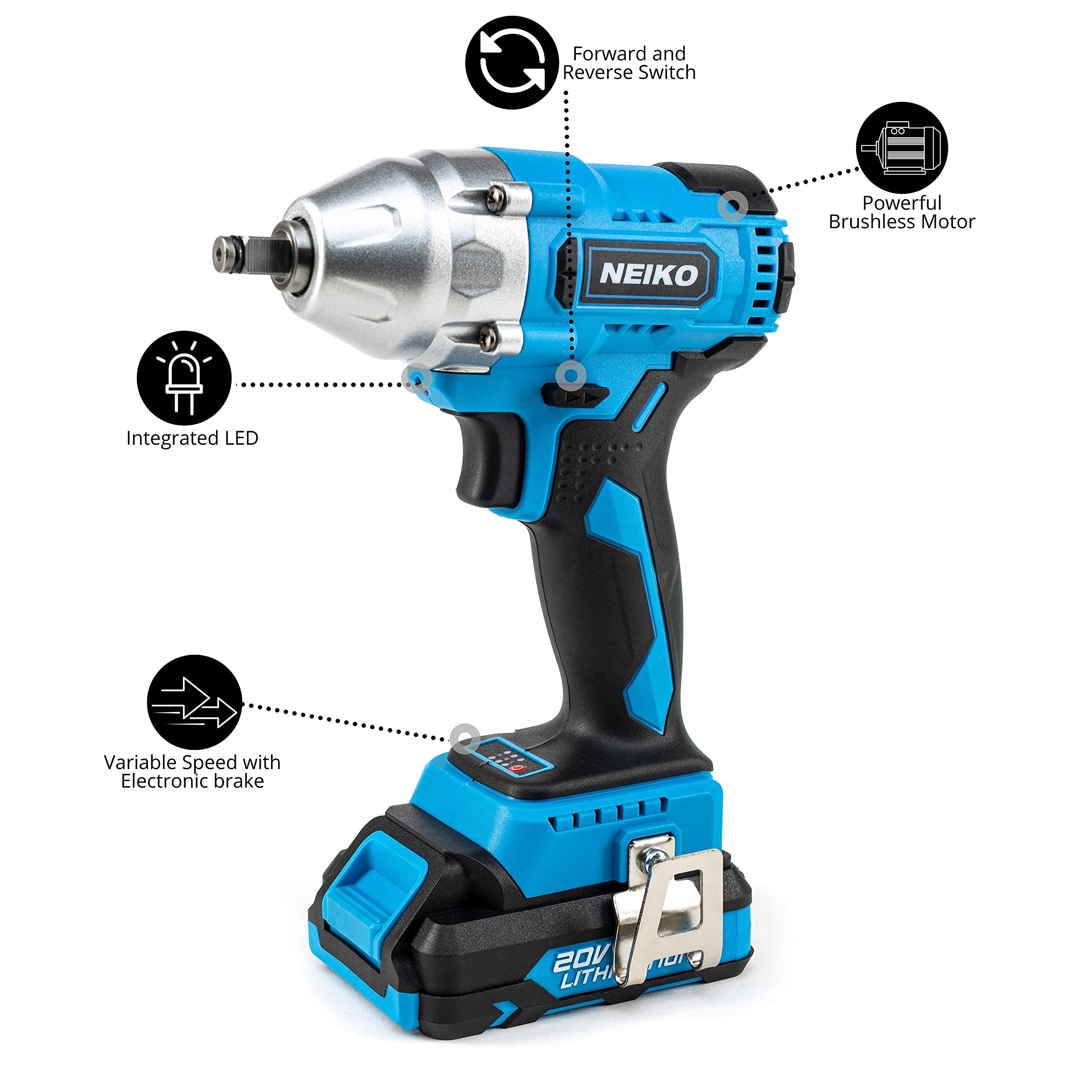 Neiko 10880A Brushless, Cordless Impact Wrench 3/8 Inch-Drive, 20-Volt Compact