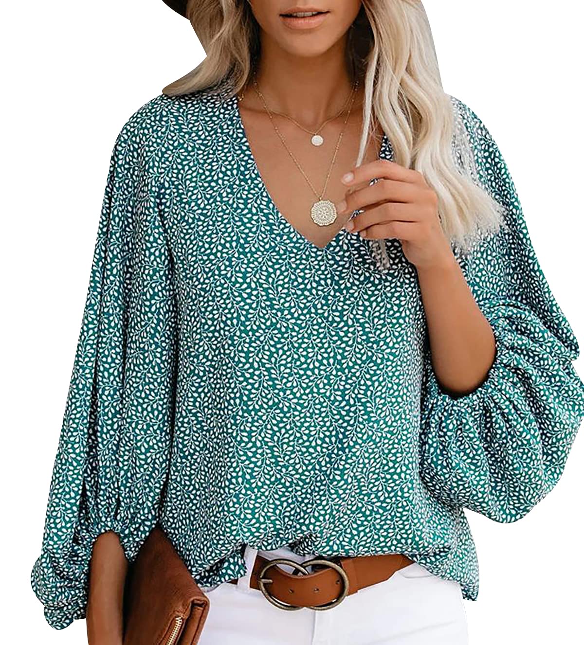 Peuignao Blusas Mujer Leopardo Verano Blusa Manga Larga Escote V Mujer Camisas Camisa Mujer Tallas Grandes Blusa Flores Elegante Señora Larga Talla Grande Blusas de Mujer Elegantes Largas Casual Anchas