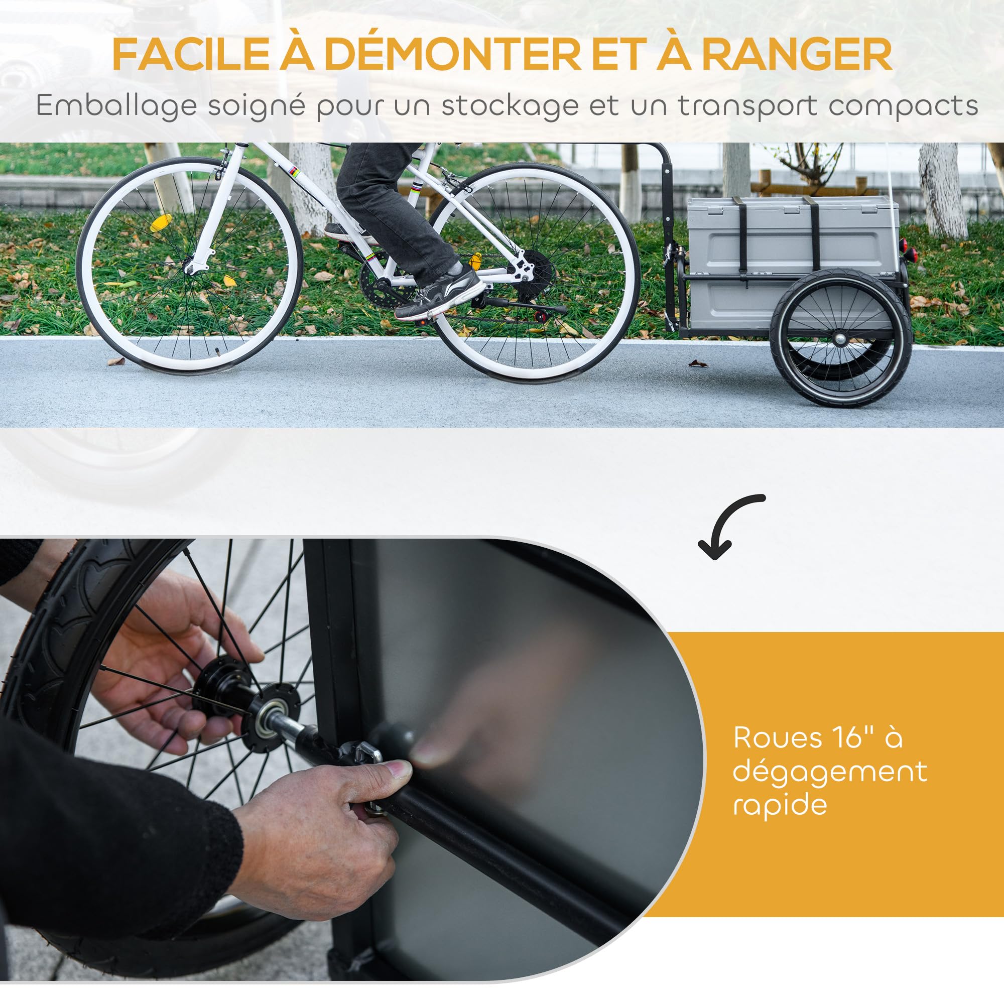 HOMCOM Remorque Chariot à vélo 65L Pliable avec Coffre Amovible, 40KG