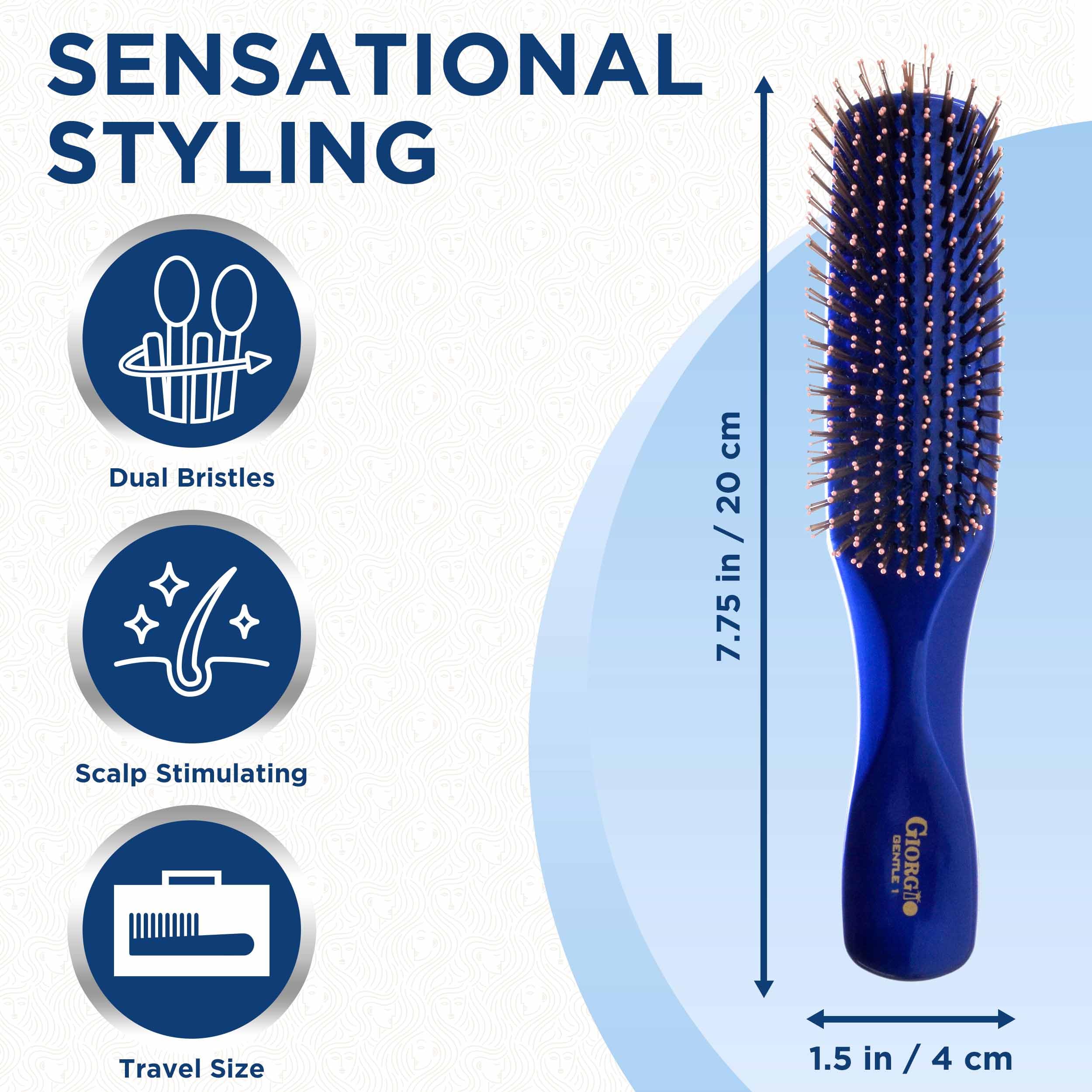 Giorgio GIO1B - Cepillo desenredante de pelo azul de 7.75 pulgadas, suave al tacto, para hombres, mujeres y niños. Cerdas suaves para cuero cabelludo sensible. Mojado y seco para todo tipo de cabello. Cepillo masajeador de cuero cabelludo estimula el crec