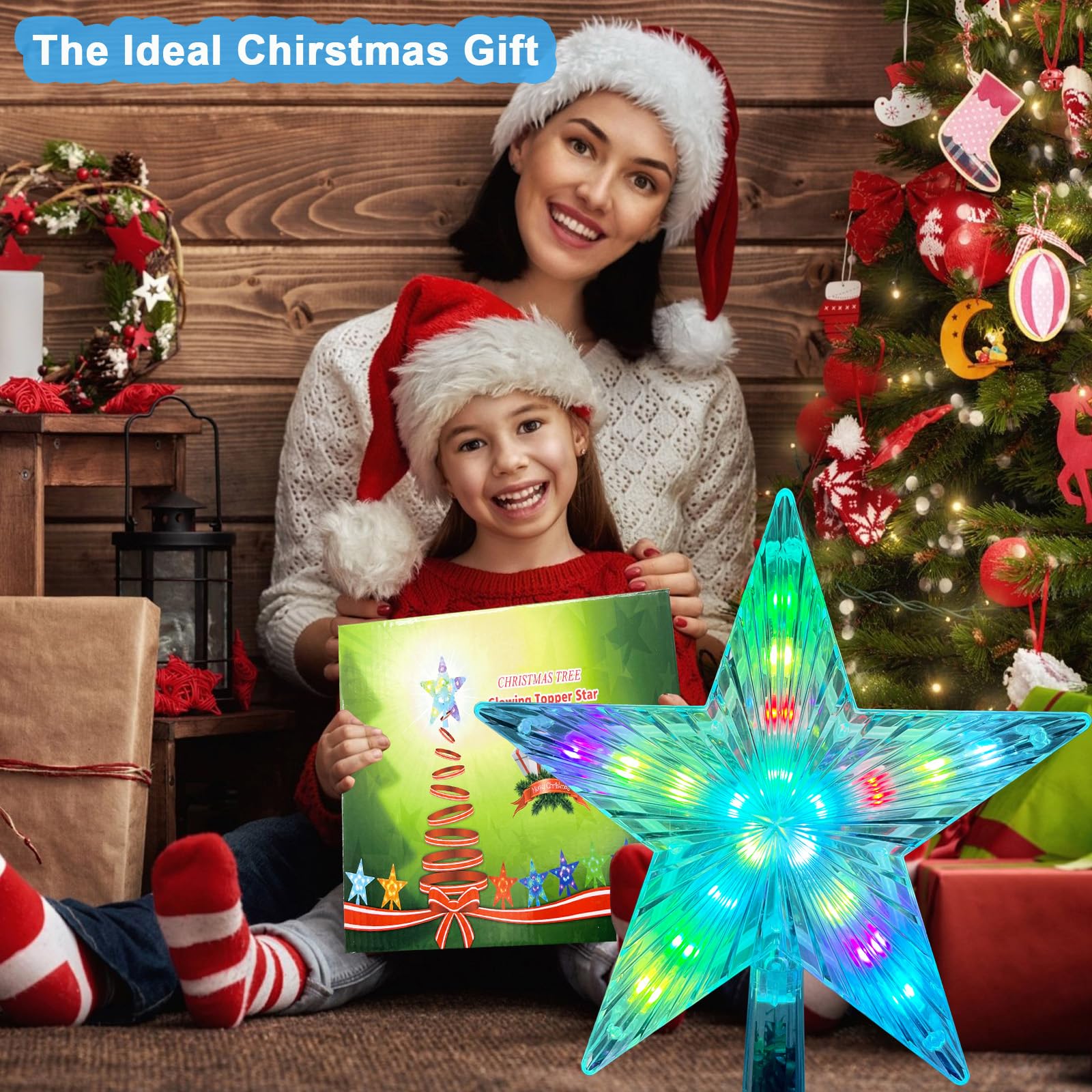 Estrella para árbol de Navidad de 8.6 pulgadas, estrella iluminada LED RGB con control remoto, 25 modos de luz, velocidad, temporizador, enchufe USB, cable de 16.4 pies para decoración de fiesta de