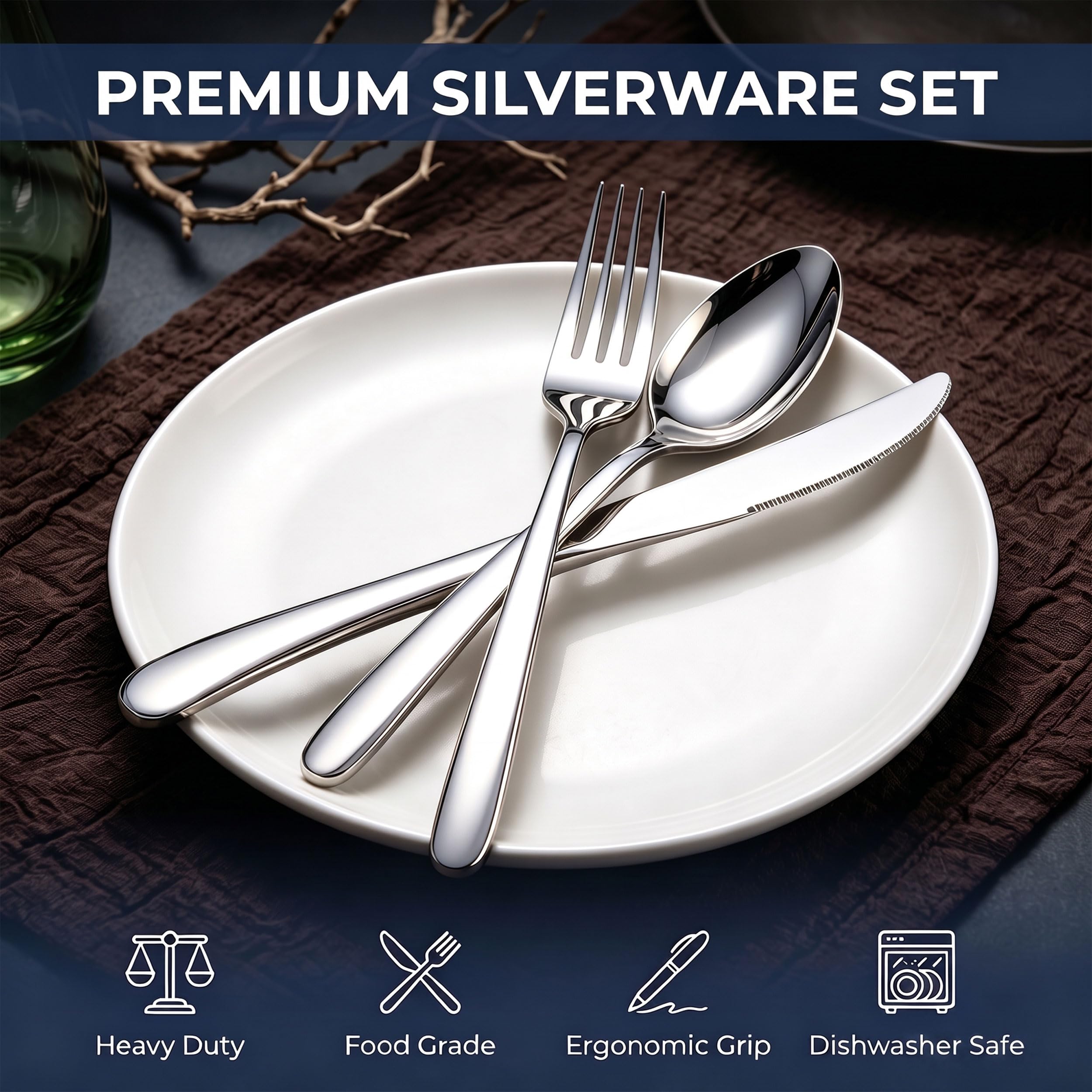LIANYU Juego de 60 cubiertos de acero inoxidable para 12 utensilios de cocina de gran resistencia, para casa, restaurante, boda, lavavajillas, pulido con espejo
