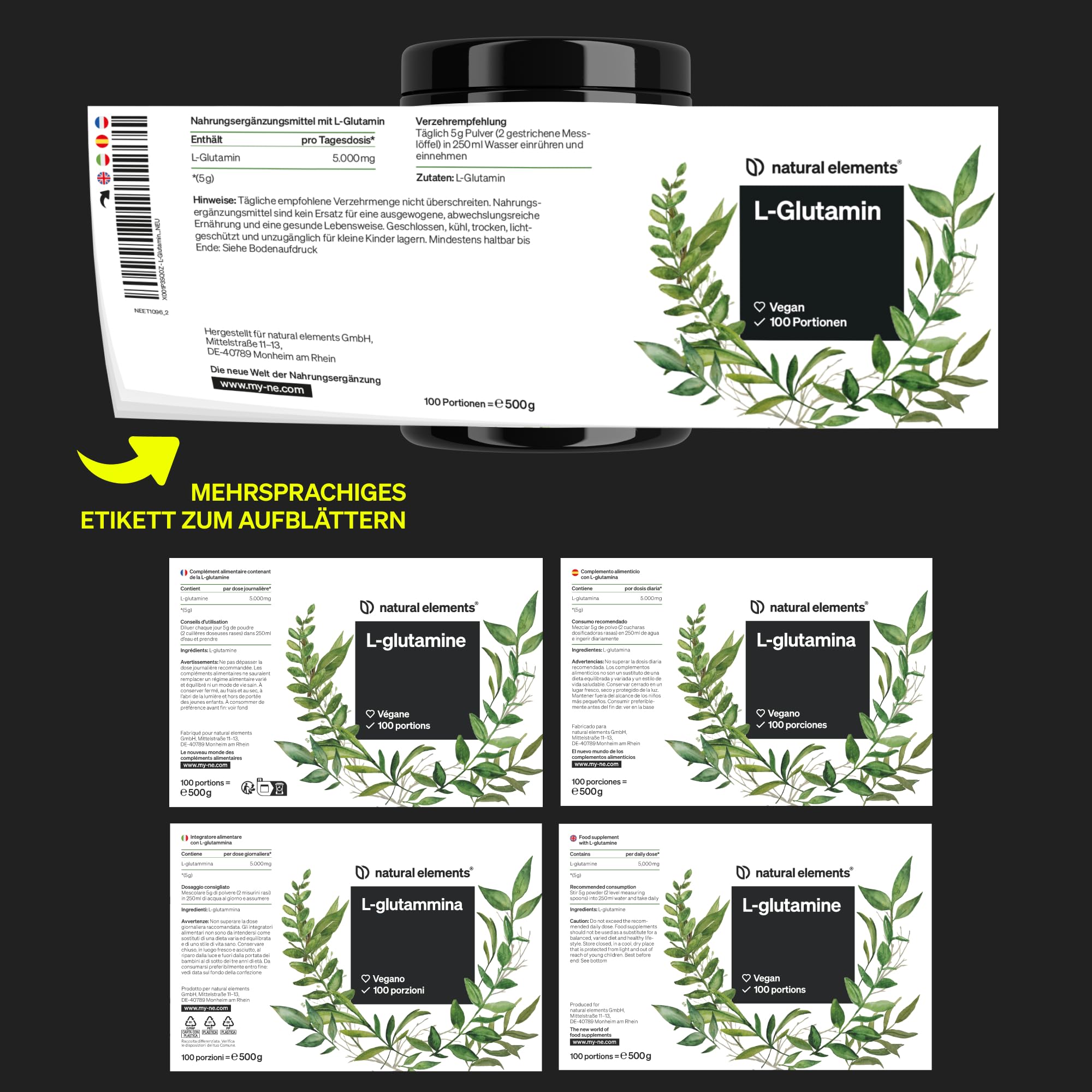 natural elements L-Glutamin Pulver – 500g – reines L-Glutamin – geschmacksneutral – vegan, hochdosiert, ohne Zusätze – in Deutschland entwickelt