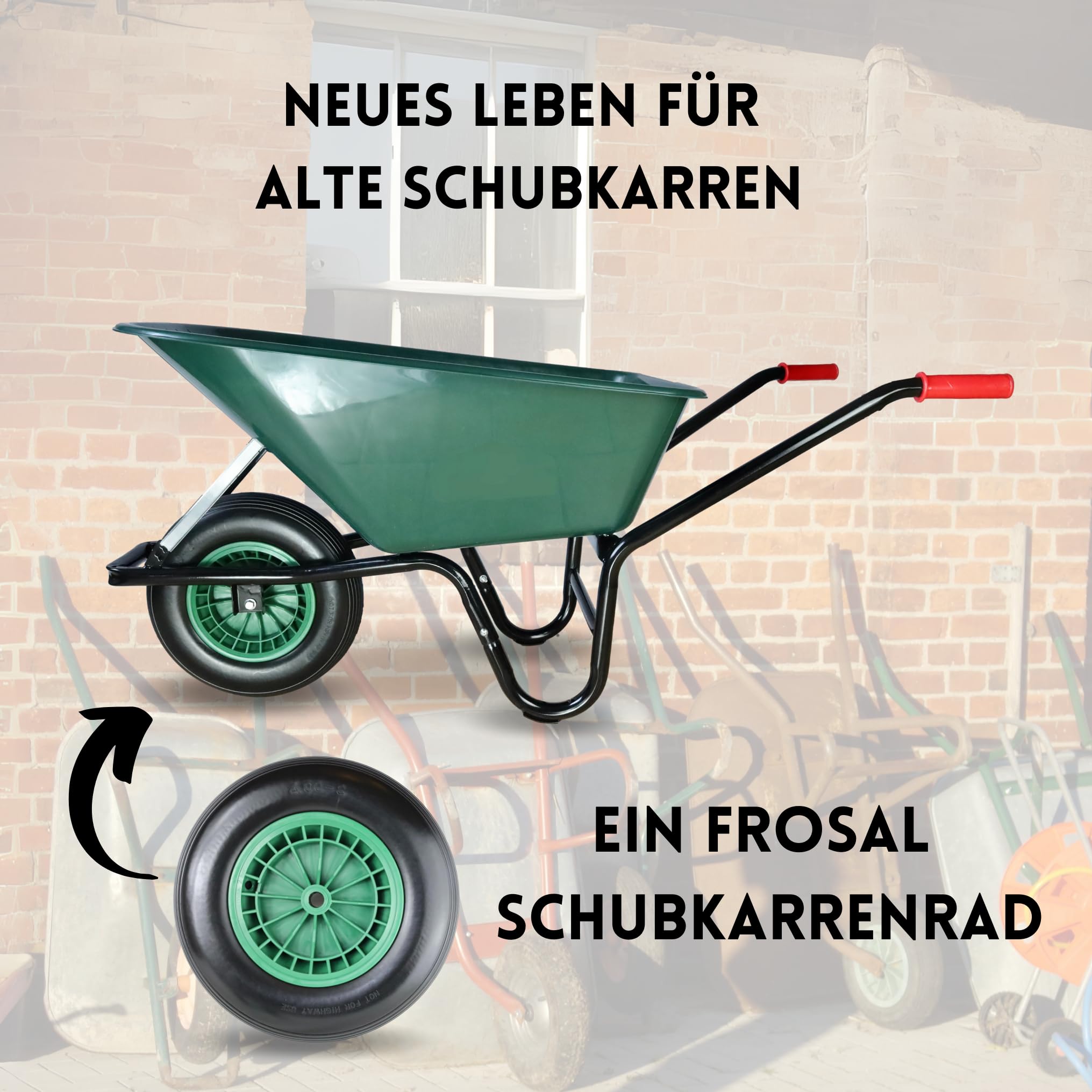 FROSAL PU Schubkarrenrad 400 pannensicher | Rad Vollgummi Schubkarre | Ersatzrad 4.80/4.00-8 Kunststoff-Felge grün | Reifen 100 mm Breite