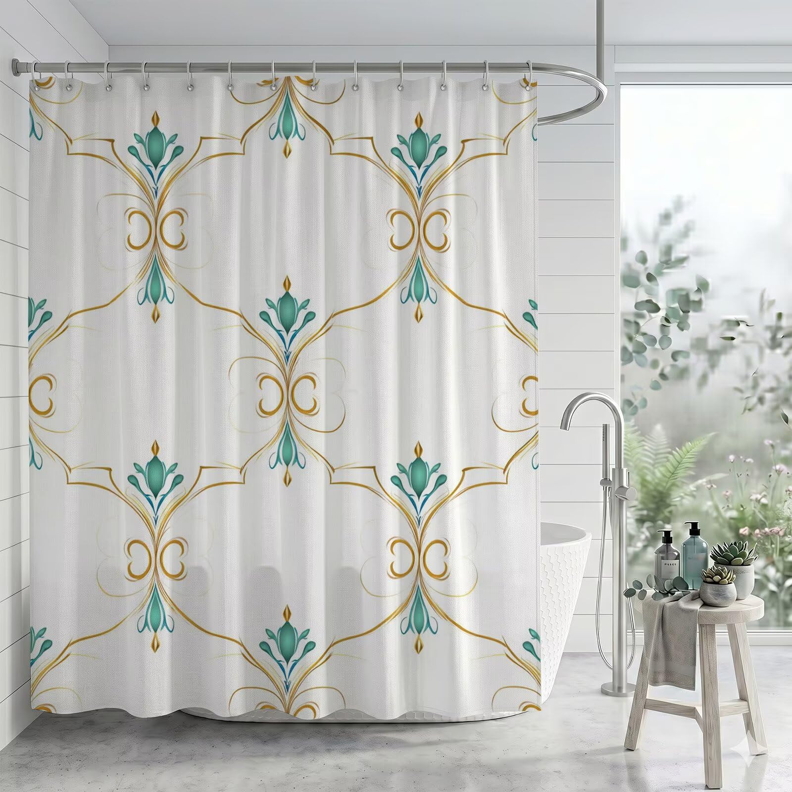 Duschvorhang 300 x 200 cm Stoff für Badezimmer & Badewanne, Wasserabweisend Duschvorhänge mit Beschwerter Saum, Blickdicht Textil Vorhang Polyester Waschbar inkl Ringe (Türkis Einfach), Q-o854
