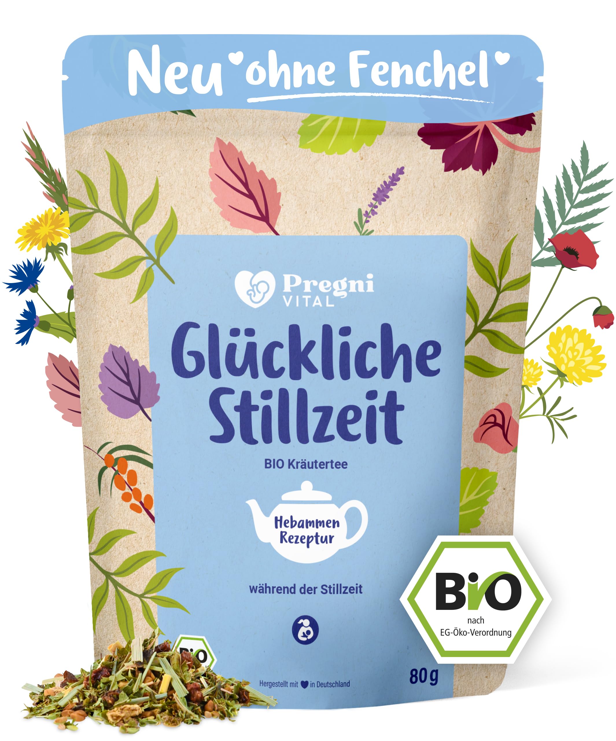 PregniVITAL BIO Stilltee ohne Fenchel – Glückliche Stillzeit Bio Kräutertee für die Stillzeit – mit Bockshornklee, Anis, Kümmel & Lemongras – 80 g lose Kräuter
