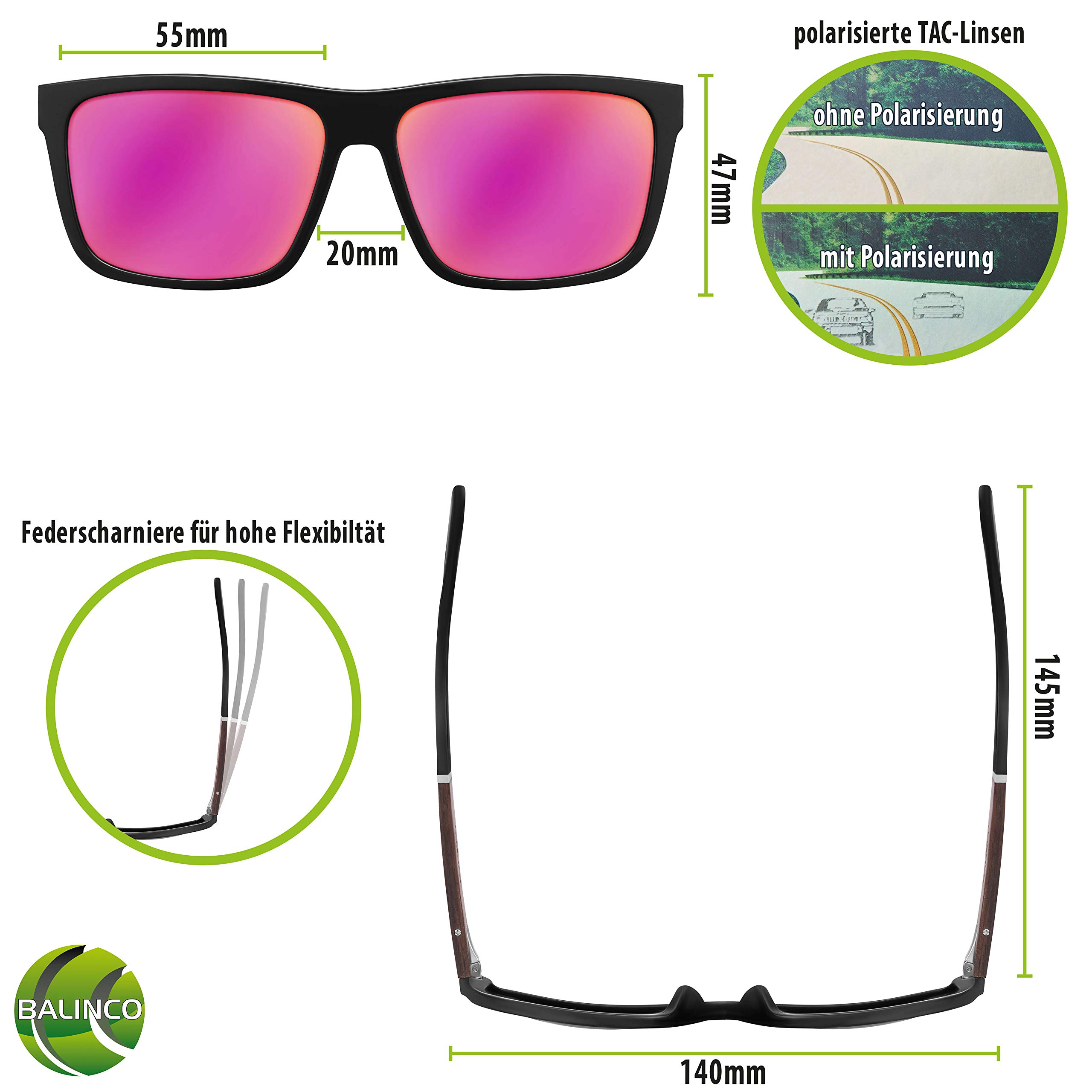Balinco® Occhiali da sole polarizzati (fatti a mano) con lenti rettangolari e ganci in bambù – adatti per uomo e donna – proteggono dai raggi UV o dai riflessi – in pratico set