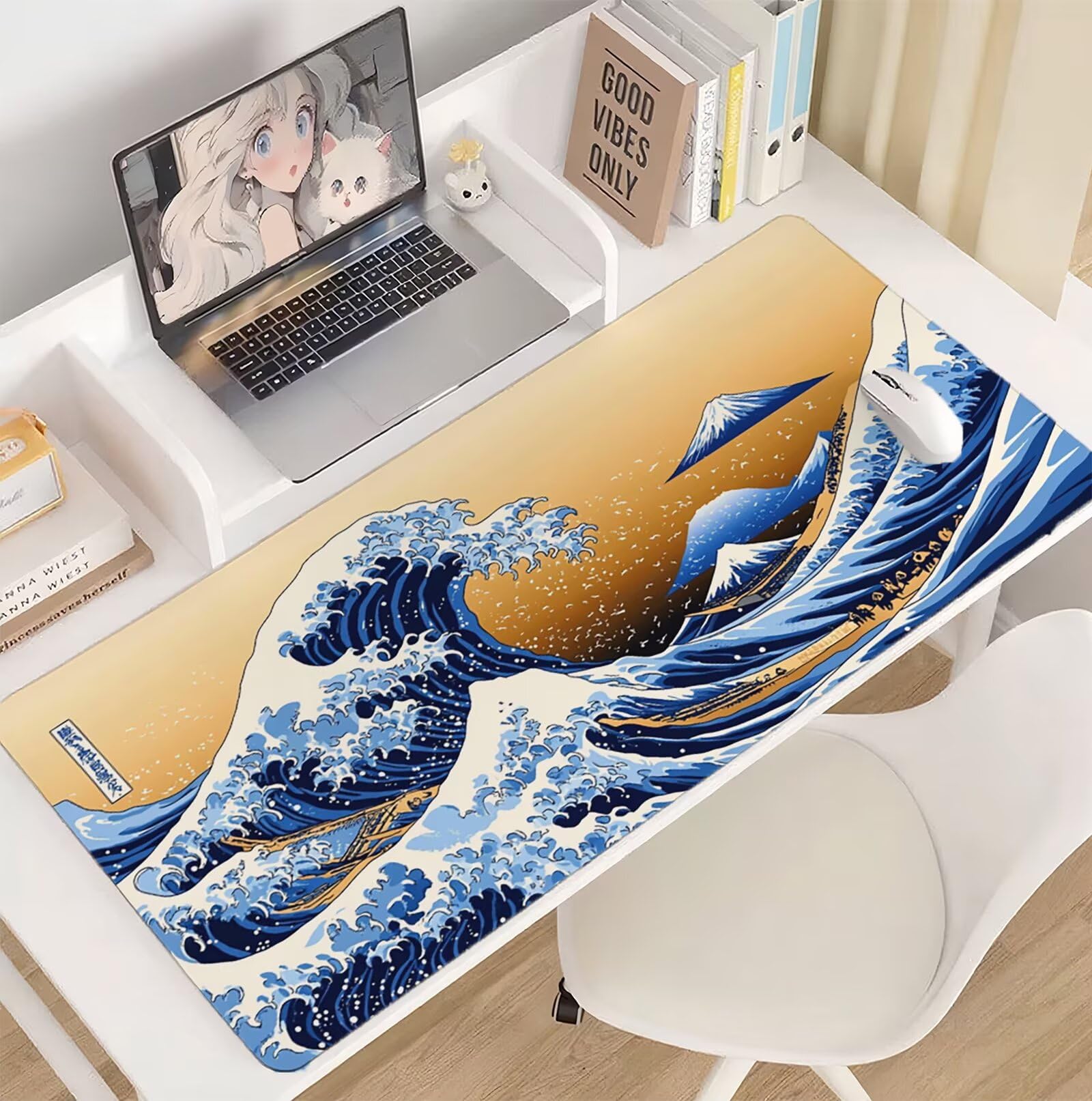 Podkładka pod mysz Japonia 1200 x 600 mm fale oceanu podkładka pod mysz duża japońska podkładka pod mysz antypoślizgowa gumowa powierzchnia szwy na krawędziach mata biurkowa do dekoracji domu biura