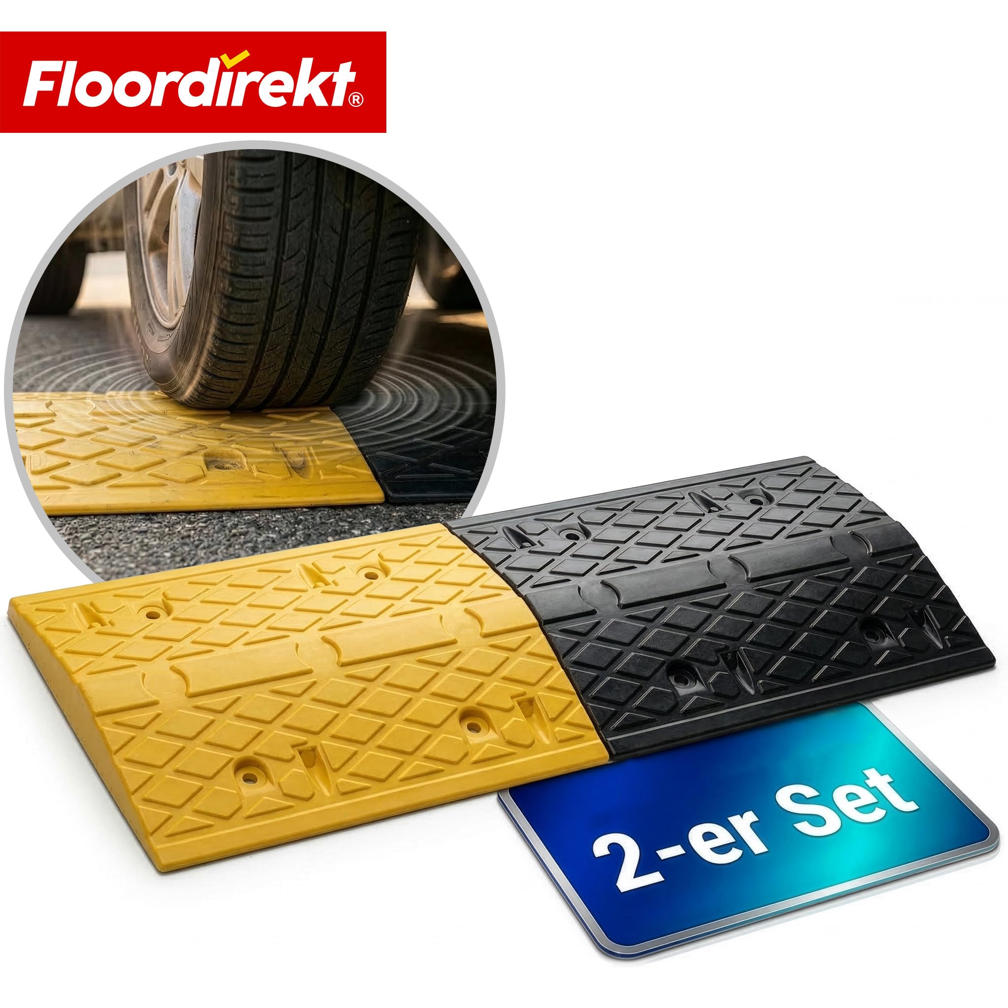 Floordirekt Gummi Bodenschwelle 2-teilig Hochwertige, Fahrbahnschwelle für effektive Geschwindigkeitsbegrenzung, Temposchwelle, (Schwarz-Gelb, 100 x 35 x 5 cm - Vento)