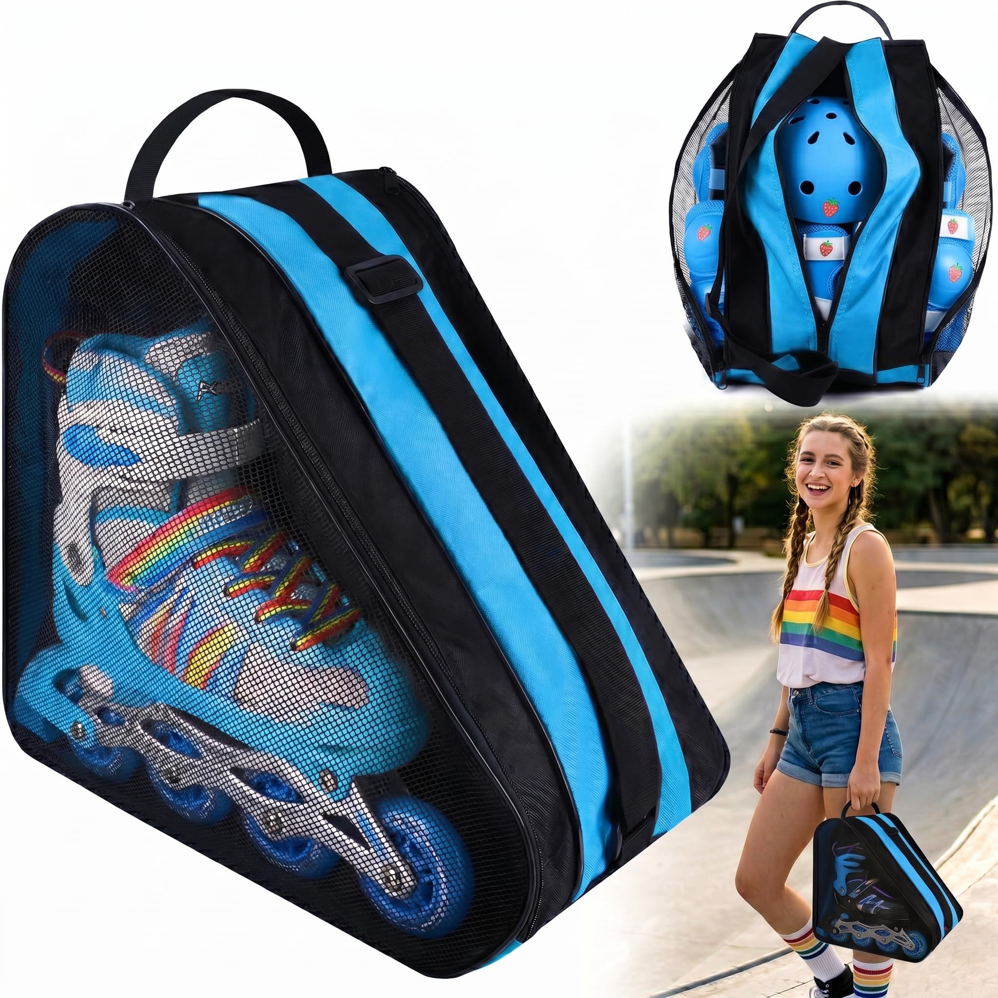 LYKIN Ice Skate Bag & Roller Skate Bag, Heavy Duty Oxford Cloth Carry Bag with Adjustable Shoulder Strap Tote, Multi-Pocket Accessories Storage for Adult Kids Womens Mens (Blue)
