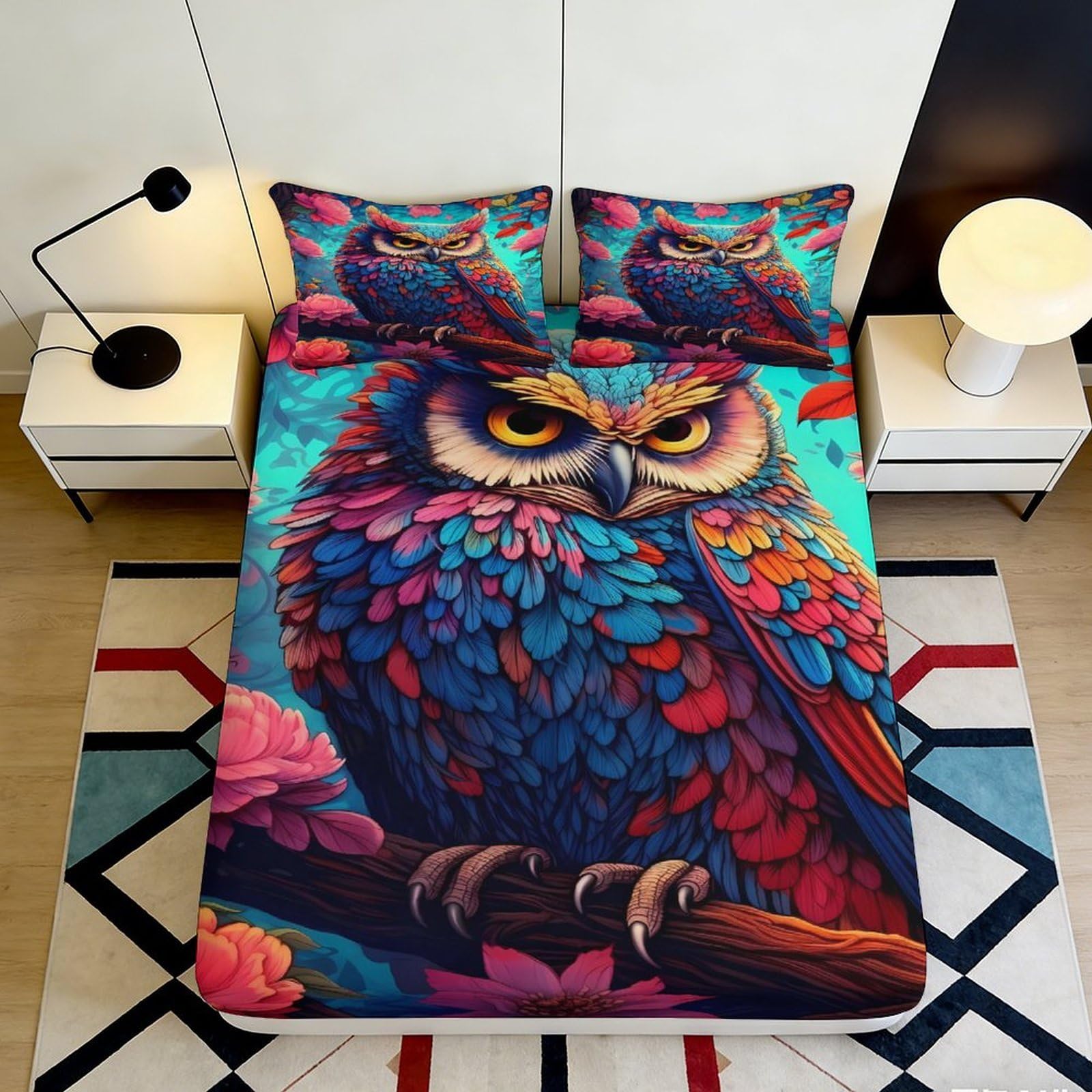 3D Printed Colorful Owl Fitted Sheet Microfiber Soft Artistic Forest Bird Mattress Cover for Bedroom Guest Room Decor 90x200x25cm