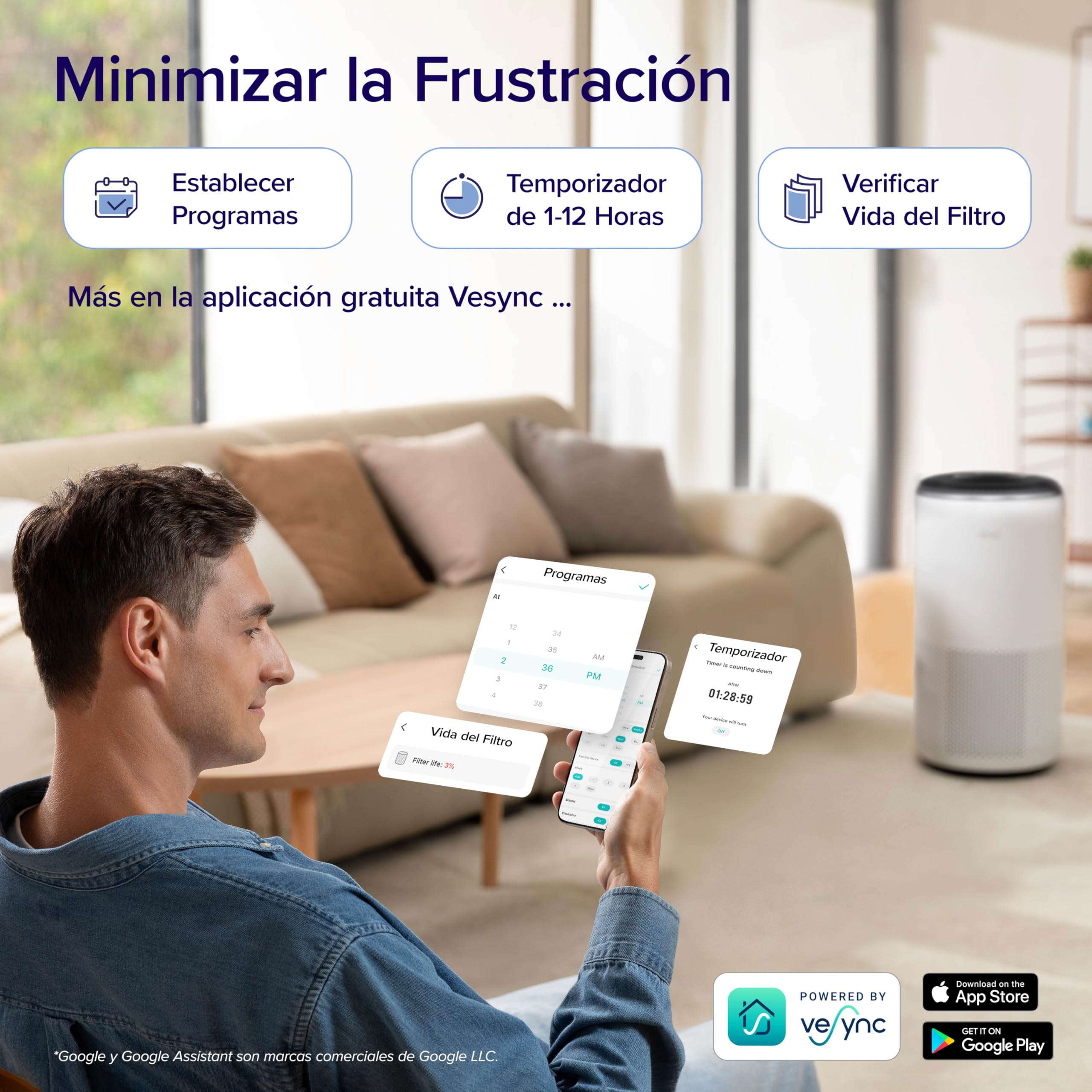 LEVOIT Purificador de Aire Inteligente con APP y ALEXA, Purificador de Aire CADR 400m³/h a 83m², 24dB Silencioso, Pantalla PM2.5, Filtro HEPA, Elimina el 99.97% de Alergias Polen Polvo Olores