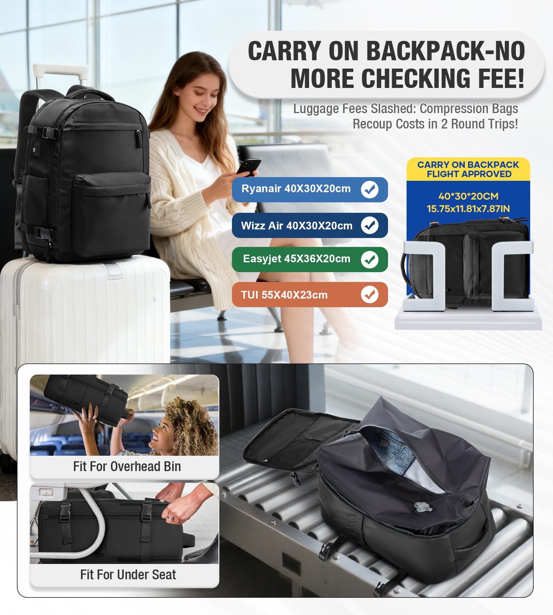 BOXSAM Vakuum Rucksack Handgepäck Flugzeug Tasche Airbag mit Vakuumsystem Reisen Tagesrucksack Ryanair 40x30x25 Rucksack Damen Vacuum Reiserucksack mit Pumpe Wasserdicht Herren Vakuum Koffer.(Schwarz)