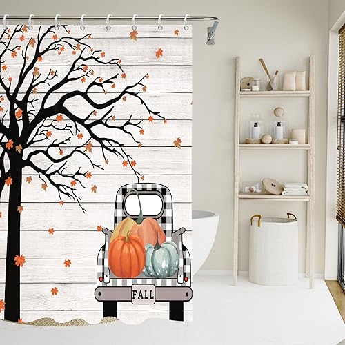 Yeele Cortina de ducha de calabaza otoñal, 48 x 72 pulgadas, color blanco y negro, cortina de ducha de Acción de Gracias, decoración de bañera, tela