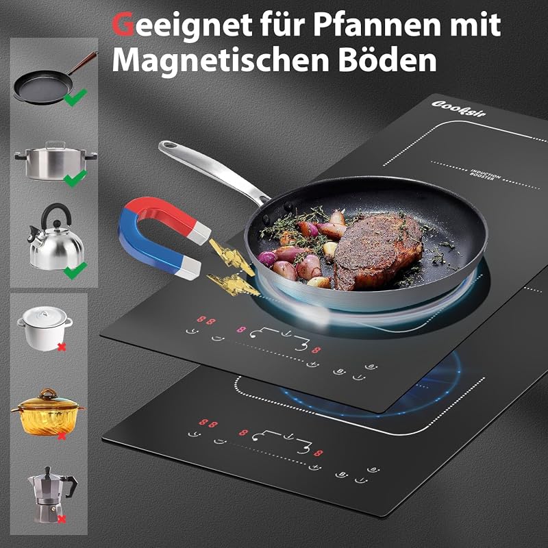 Cooksir Indukciós Főzőlap 2 Zónával - 3500W Teljesítmény, 29cm Beépíthető, Flexibilis Kombinált Zóna, Érintőgombos Vezérlés, Biztonsági Zár