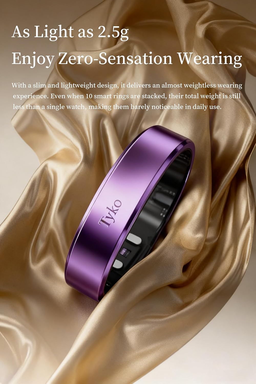 Tyko Smart Ring RCA-02, Titanium Steel Health Tracker with Heart Rate and Blood Oxygen Monitoring, 10-Day Battery Life, IP68 Waterproof, Purple, Size 11