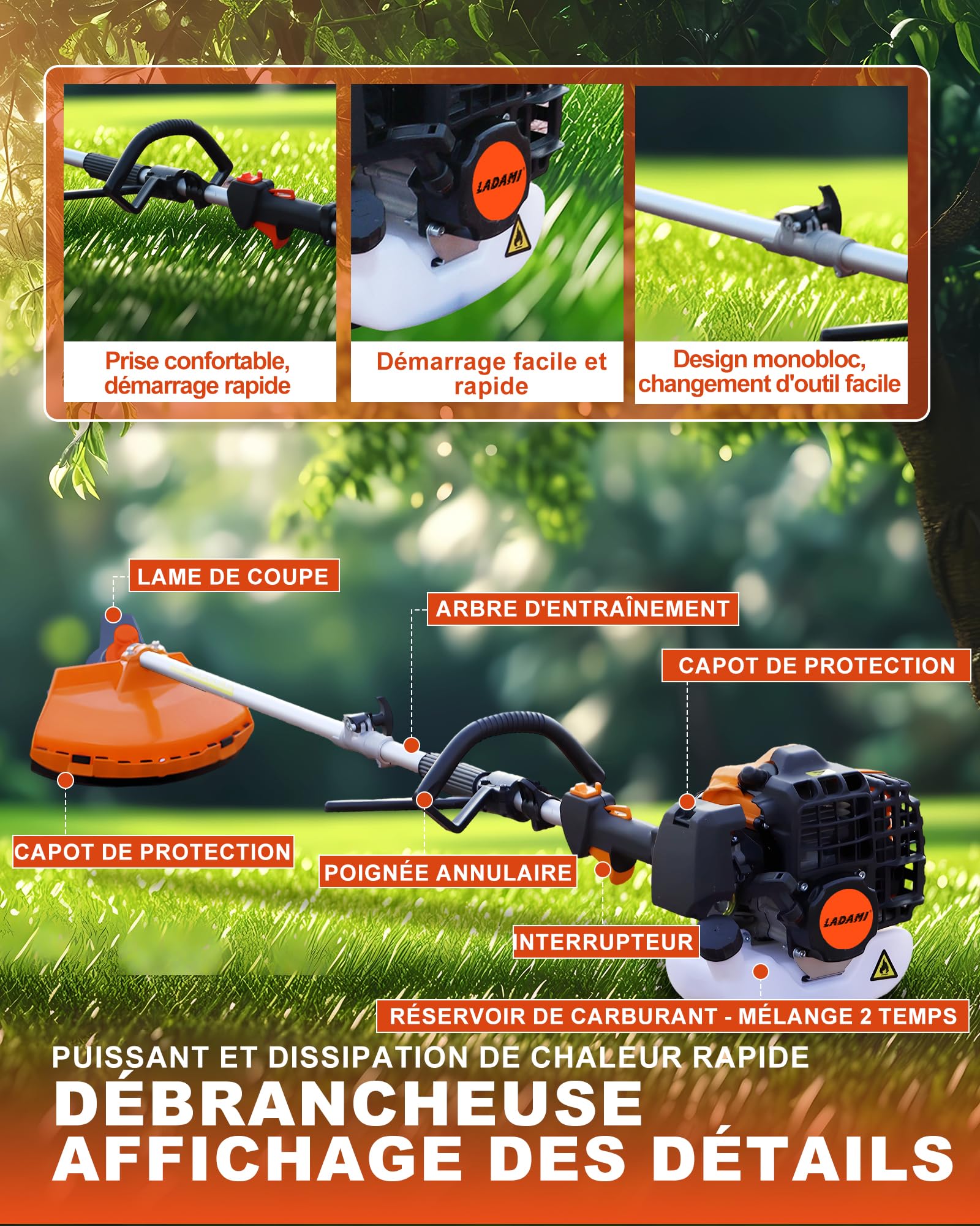 Débroussailleuse à essence 52 cc 2 temps avec coupe-bordure à essence et débroussailleuse, taille-haie, tronçonneuse 3 CV, outil de jardin à 2 temps, puissant et économe en carburant