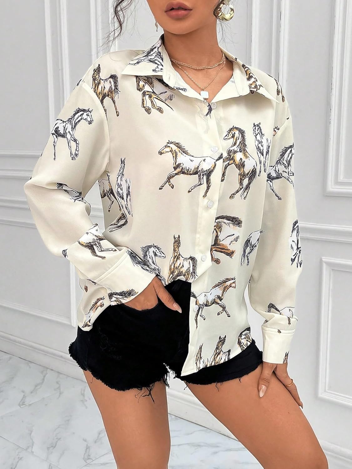 Floerns Women's Vintage Graphic Button Down Blouse Long Sleeve Lapel Collar Dressy Shirts - Image 4