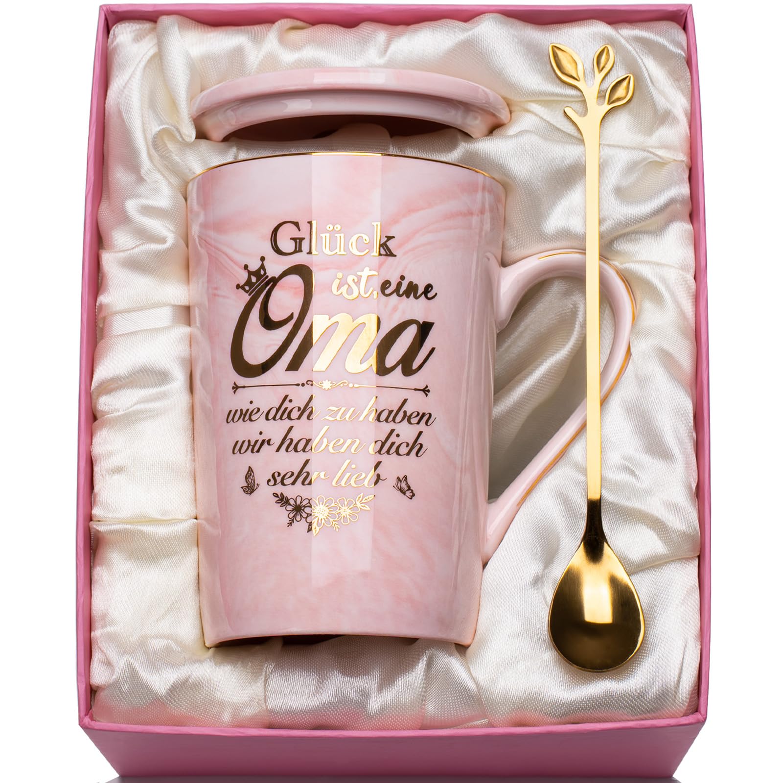 Oma Geschenk - Geschenk Oma Weihnachten, Om-a Geschen-k Geburtstag Tasse 400ml, Idee Om-a Geburtstagsgeschenk Marmor Keramiktasse mit Goldaufdruc, Deckel, Löffel, Geschenkbox