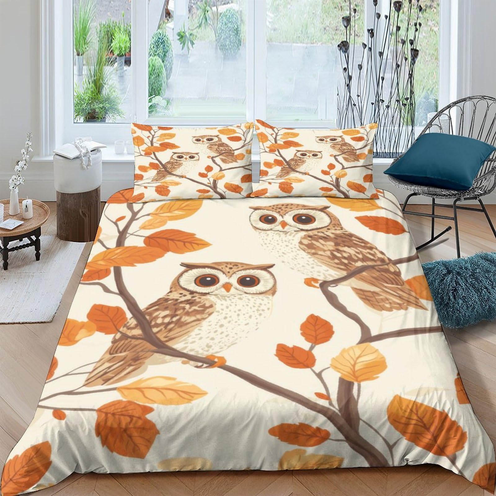 GPLZQXKJNH 3D Printed Owl Branch Duvet Cover Microfiber Autumn Leaves Bedding Set with 2 Pillowcases for Bedroom Home Single（135x200cm）