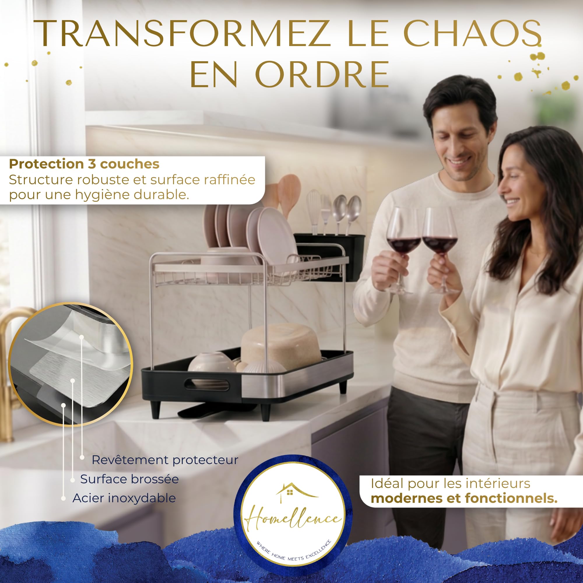 Homellence Égouttoir à Vaisselle 2 Niveaux, Égouttoir Cuisine Compact, Noir