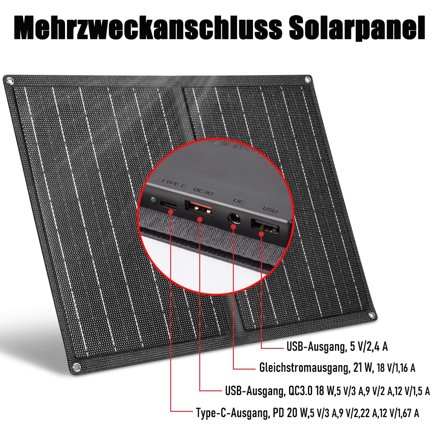 Pannello Solare Portatile 21W Piegaevole Caricatore, Efficienza 23%, Caricatore Rapido con Porte USB e Uscita DC 18V, Pannello Solare Pieghevole per Campeggio Viaggi all'Aria Aperta Emergenza