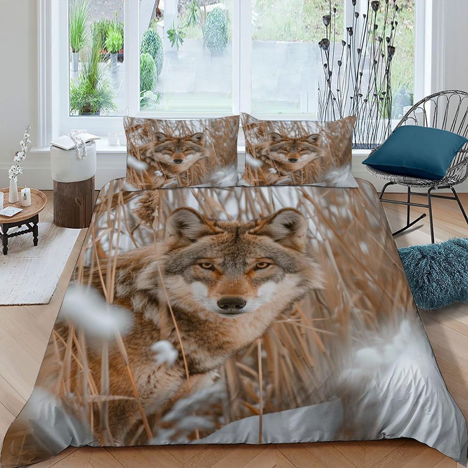 Housse de couette coyote 2 personnes 220x240 lit king linge de lit microfibre animal