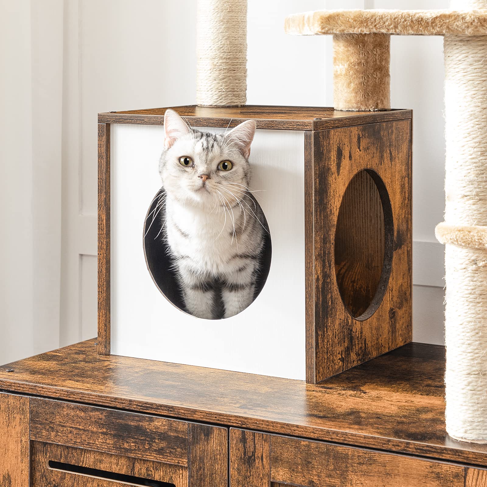 HOOBRO Arbre avec Maison de Litière en Bois avec Tour pour Chat, Bâton taquin à Pompon Amovible, Piliers en Sisal, Marron Rustique EBF14MZ03