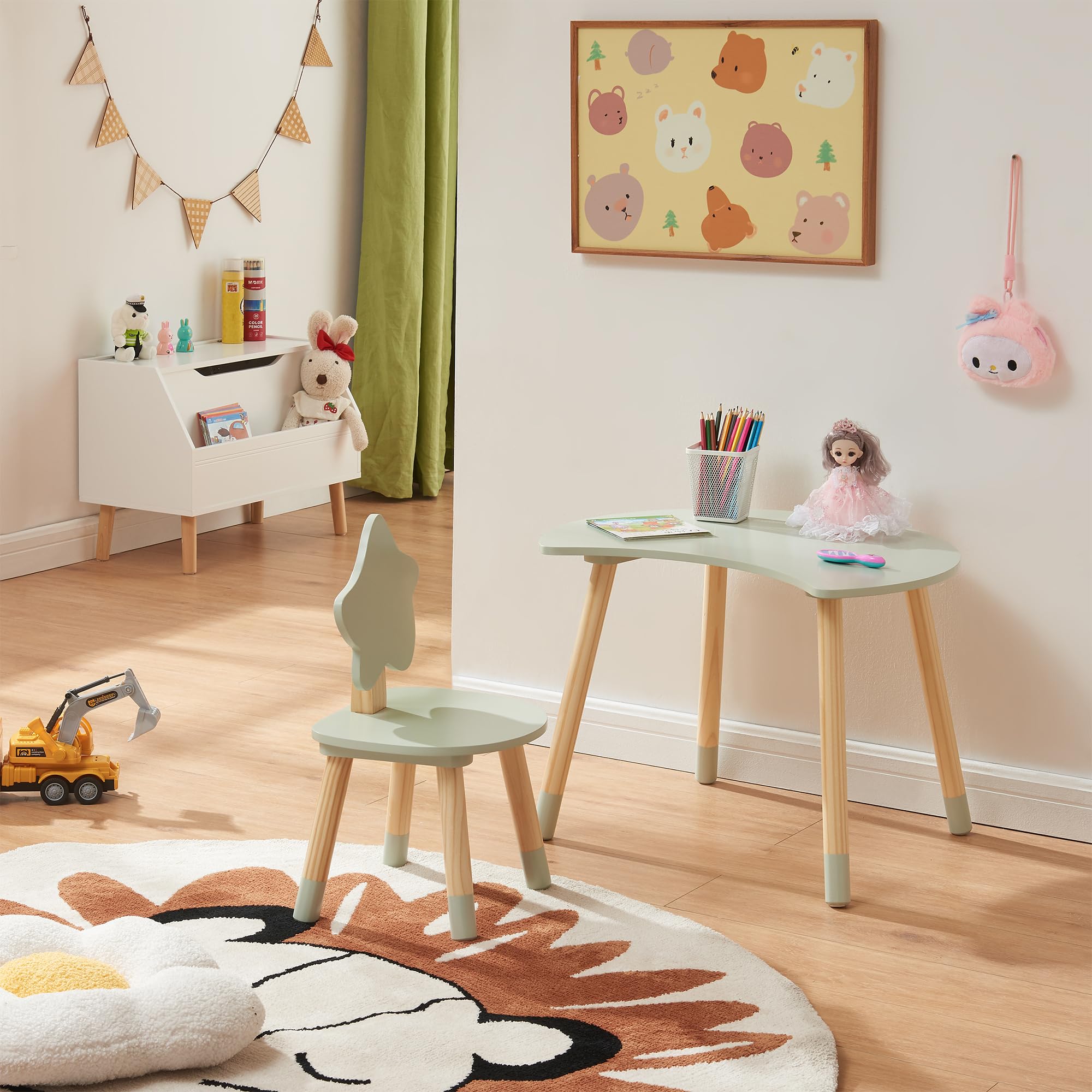 [en.casa] Set di 2 Mobili per Bambini Scrivania e Sedia con Schienale a Forma di Stella per Cameretta Area Gioco Tavolino a Mezzaluna a Misura di Bimbi - Verde Menta/Naturale