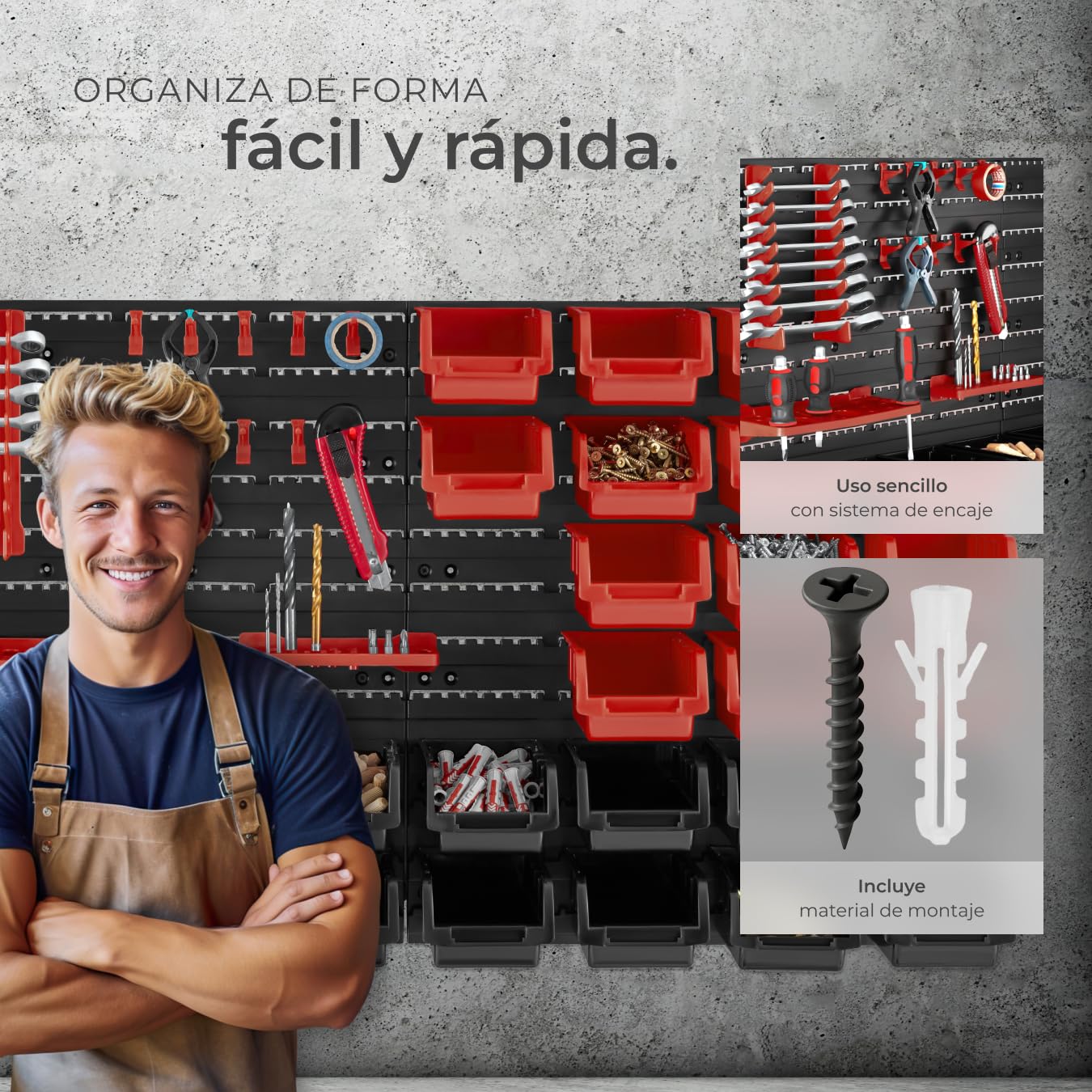 tectake® Organizador de Herramientas con Panel Herramientas Pared y Organizador de Tornillos para Taller Bricolaje, Estantería con Cajas para Tornillos - 1 Estantería