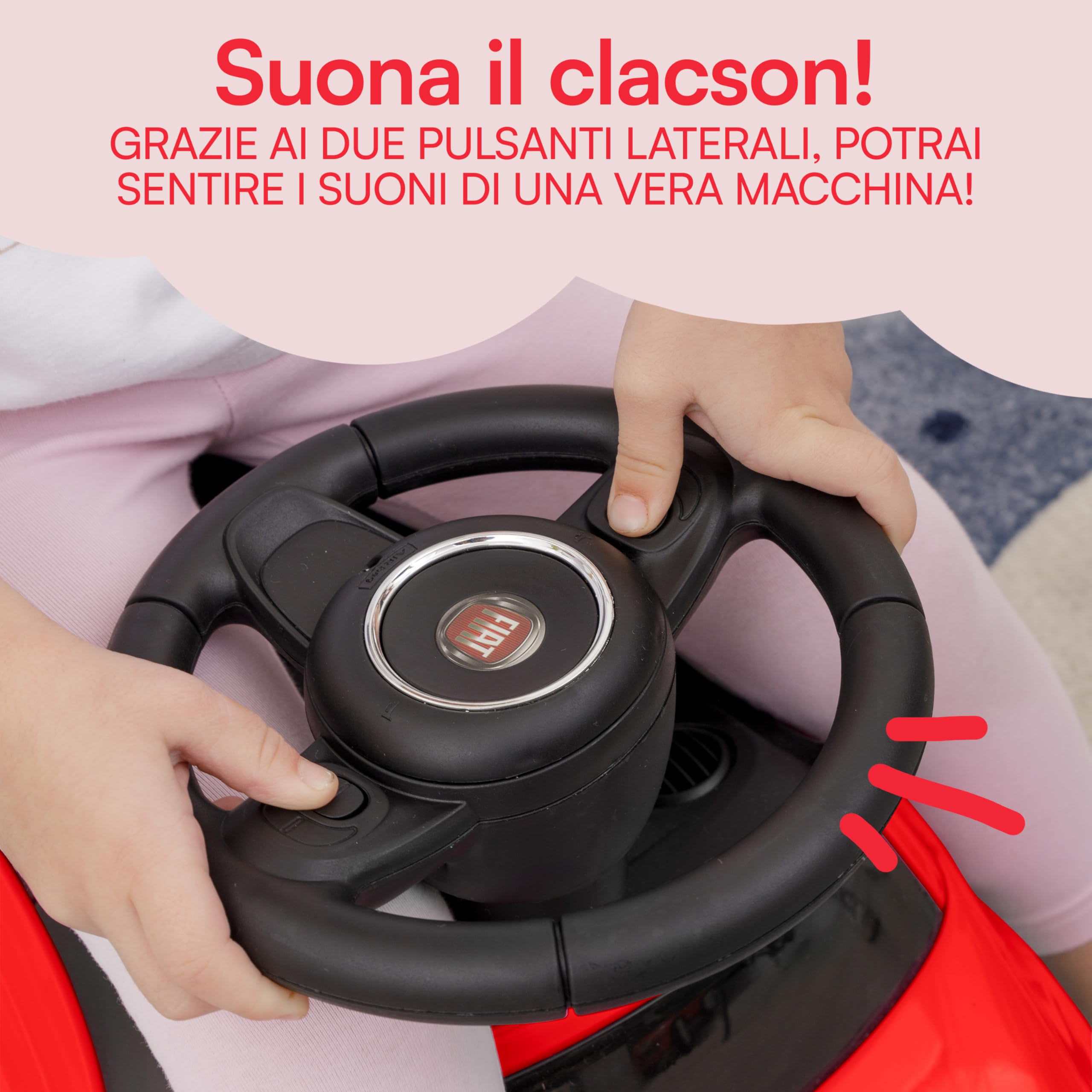 Baroni Toys Macchinina Fiat 500 Cavalcabile Bambini dai 12 ai 36 Mesi, Volante con Clacson e Suoni, Vano Portaoggetti e Schienale, Auto Bambino Bambina per Imparare a Camminare, Rosso, 28x60x23 cm