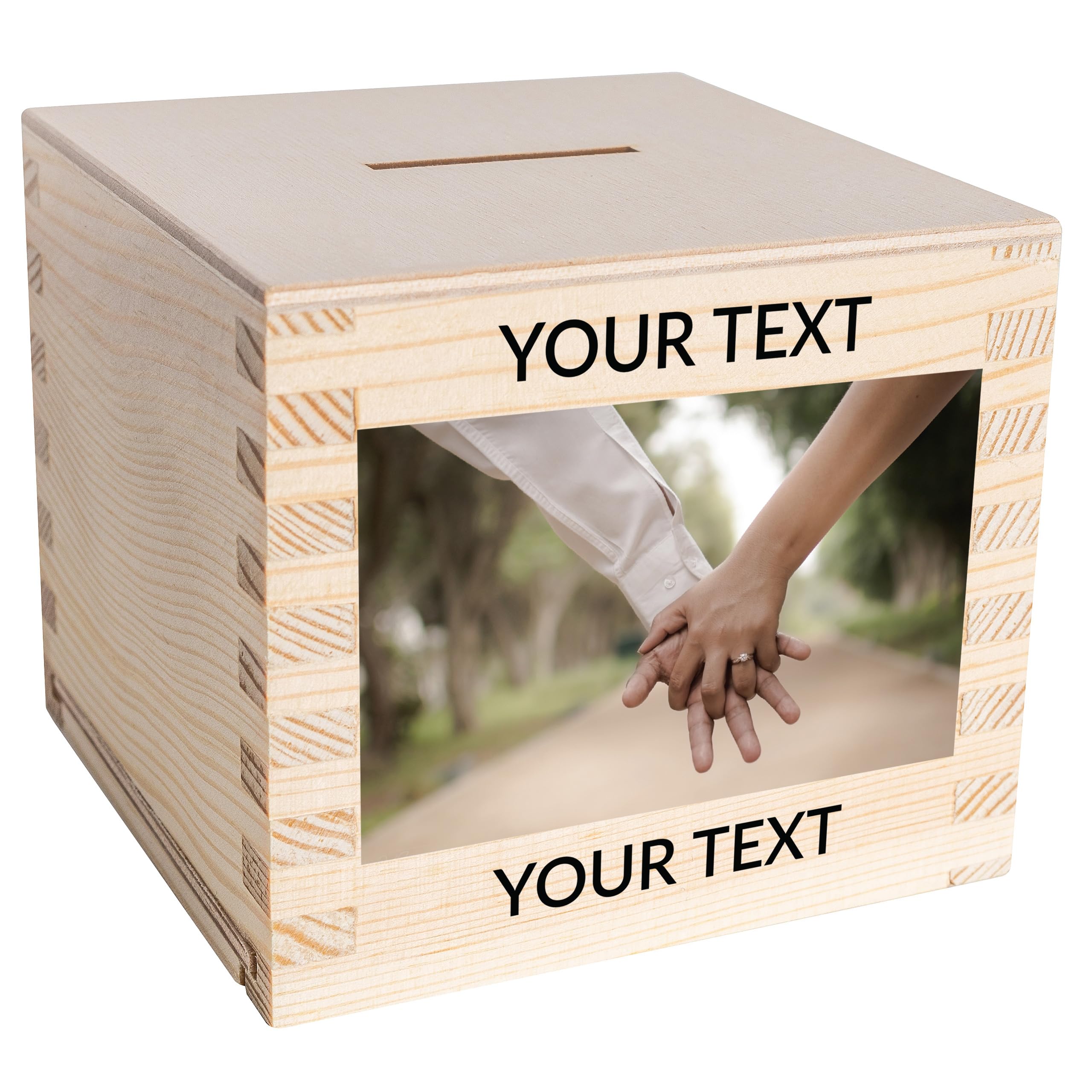 Creative Deco Wooden Money Box Storage Box | Your Text + Photo | Personalised Piggy Bank Money Box Gift Box | 9.5 x 9.5 x 9 cm (+/- 0.5 cm) | Savings Box Customised Box | Raw Pine Wood
