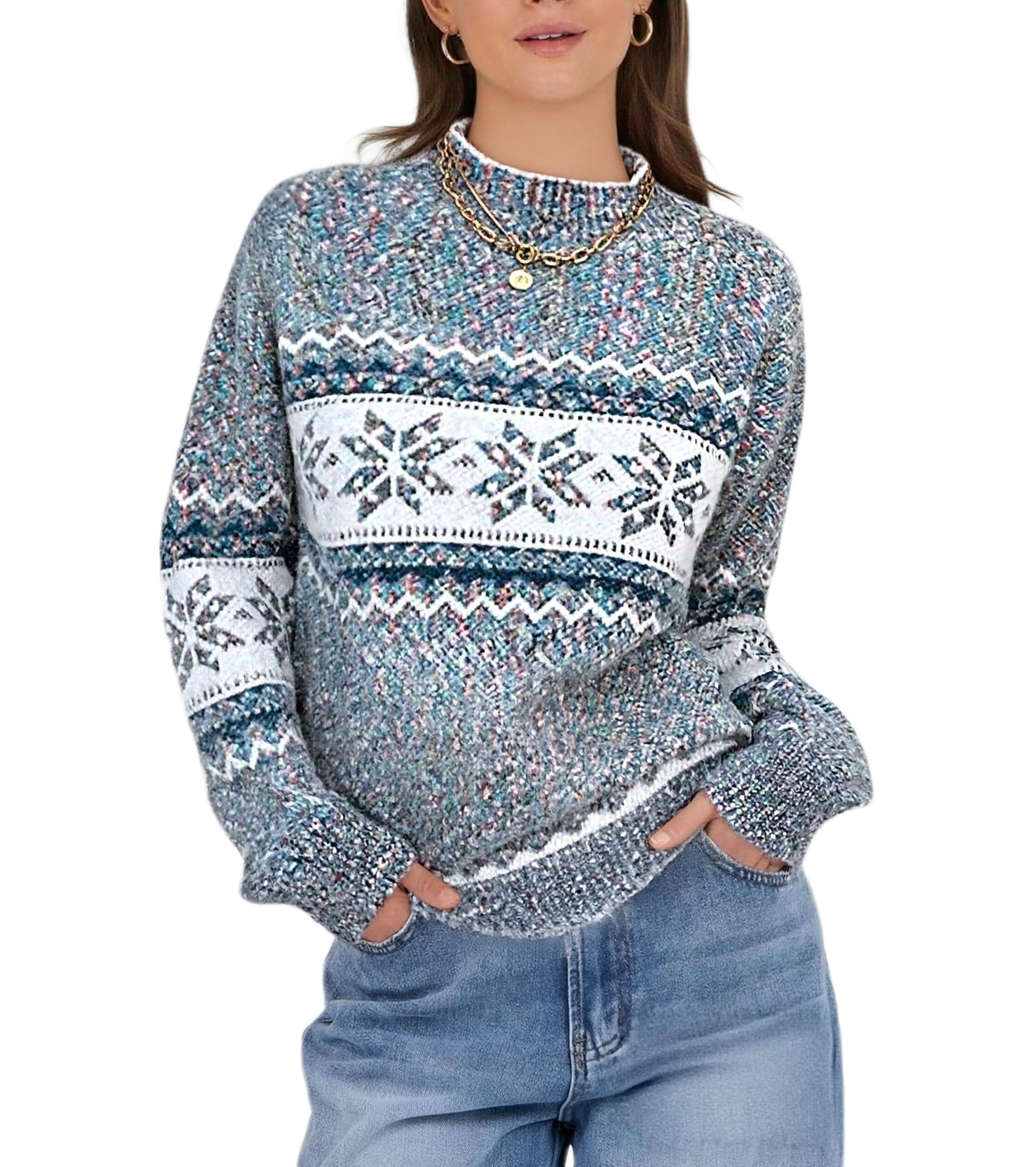 Snowflake Christmas Sweater for Women Casual Crewneck Long Sleeve Knitted Pullover Winter Holiday Jumper