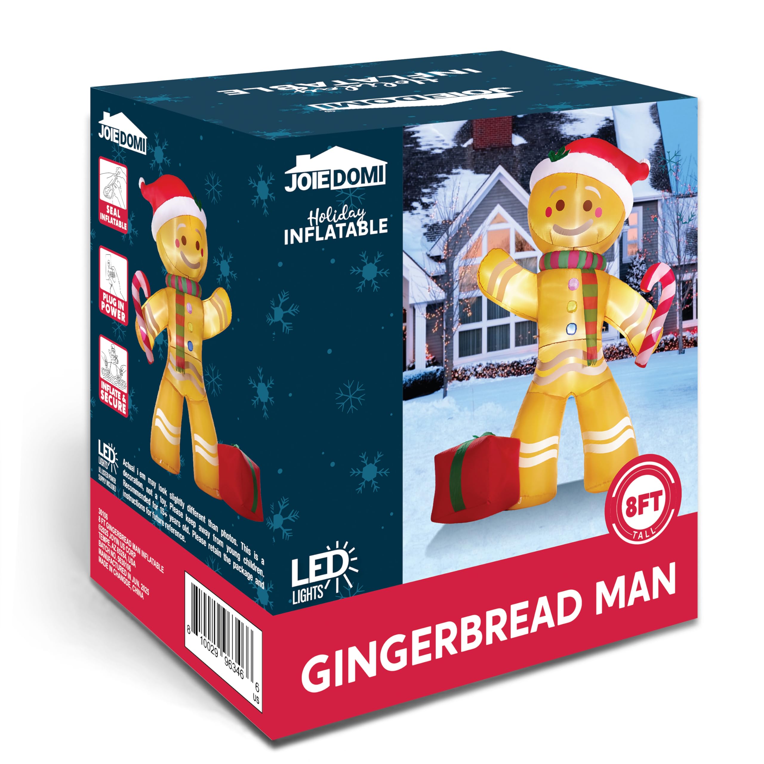 Joiedomi Bonhomme en pain d'épices gonflable de Noël de 2,4 m de haut avec sucre d'orge, décoration de cour gonflable en pain d'épices avec LED intégrées pour Noël, fête, extérieur, cour, jardin