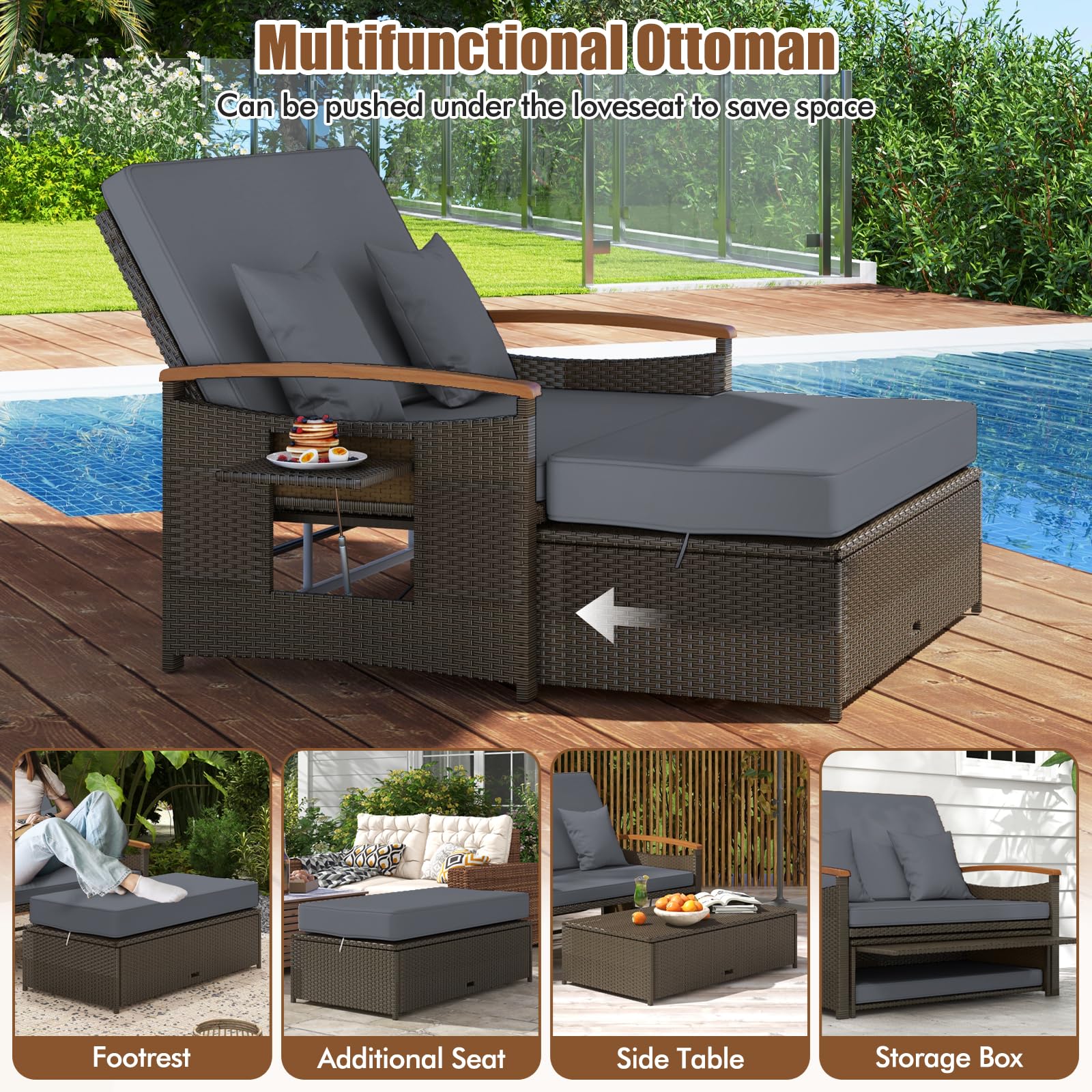 GIANTEX Divano da Giardino in Rattan a 2 Posti con Funzione Allungata, Set di Mobili in Rattan con Sgabello, Doppia Sedia a Sdraio per 2 Persone, 3 Colori (Cuscino Grigio)