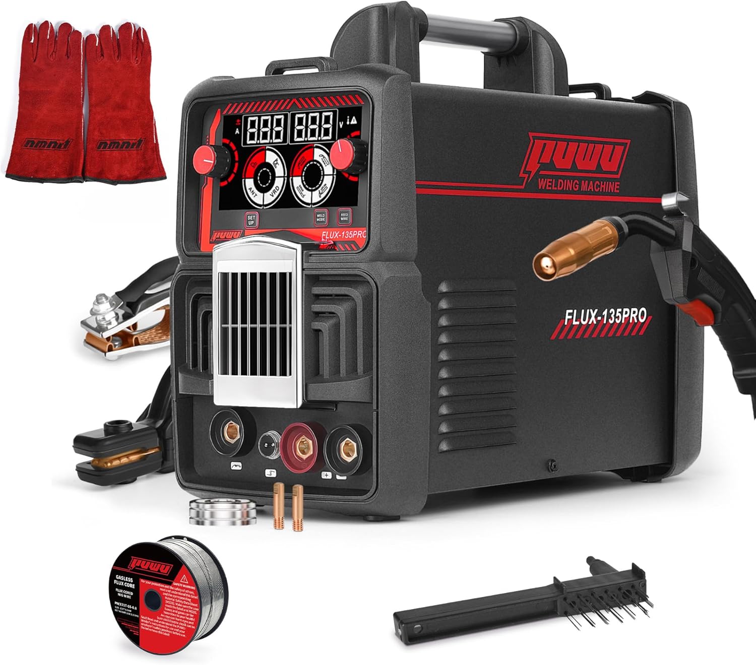 135Amp 110V MIG Welder,Flux Core MIG/Lift TIG/Stick 3-in-1 Multiprocess Welder,IGBT Inverter Large LED Digital Display Welding Machine(BLACK)